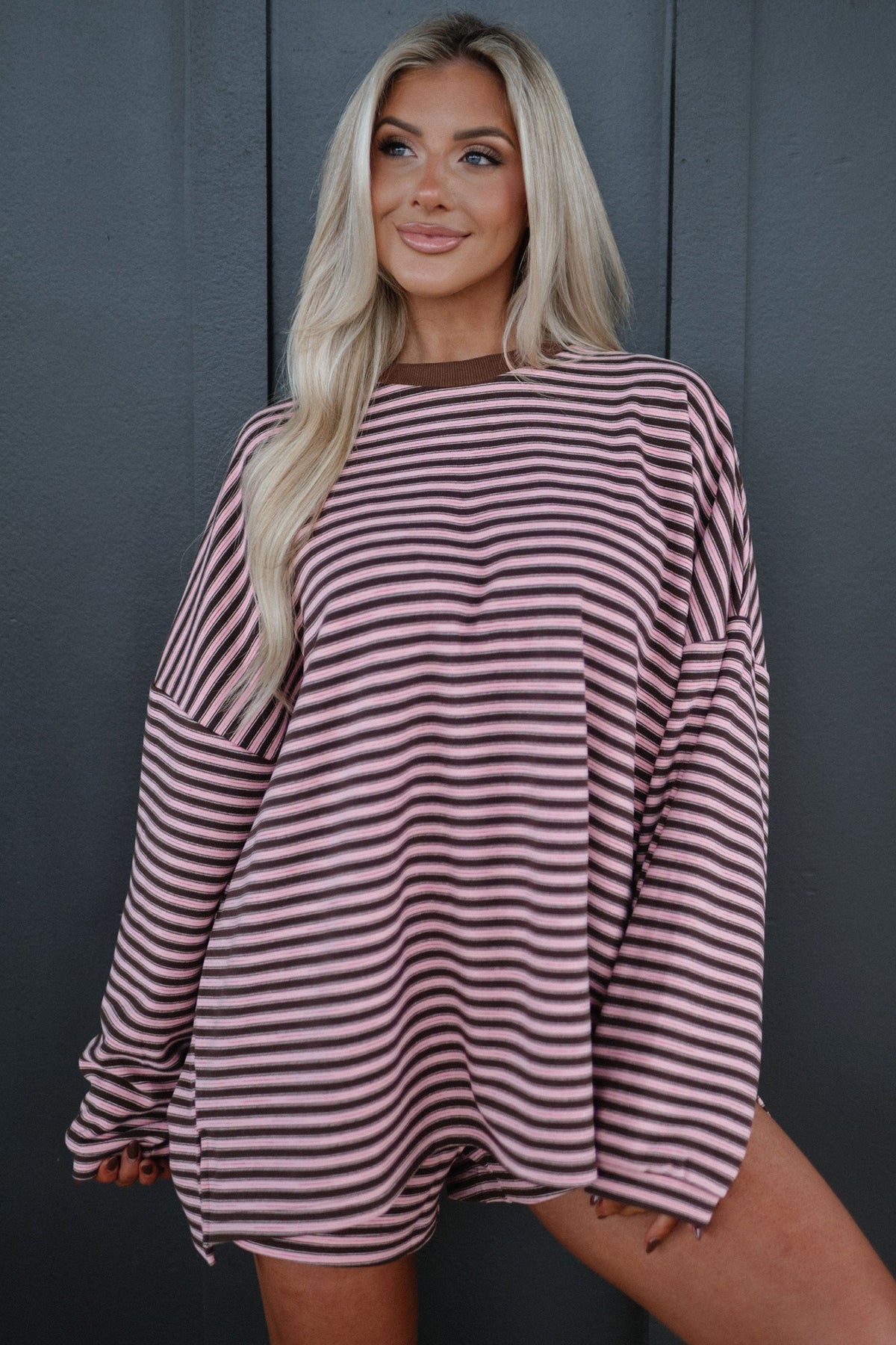 Brown Stripe Long Sleeve Oversized Top Pocketed Casual Shorts Two Piece Set