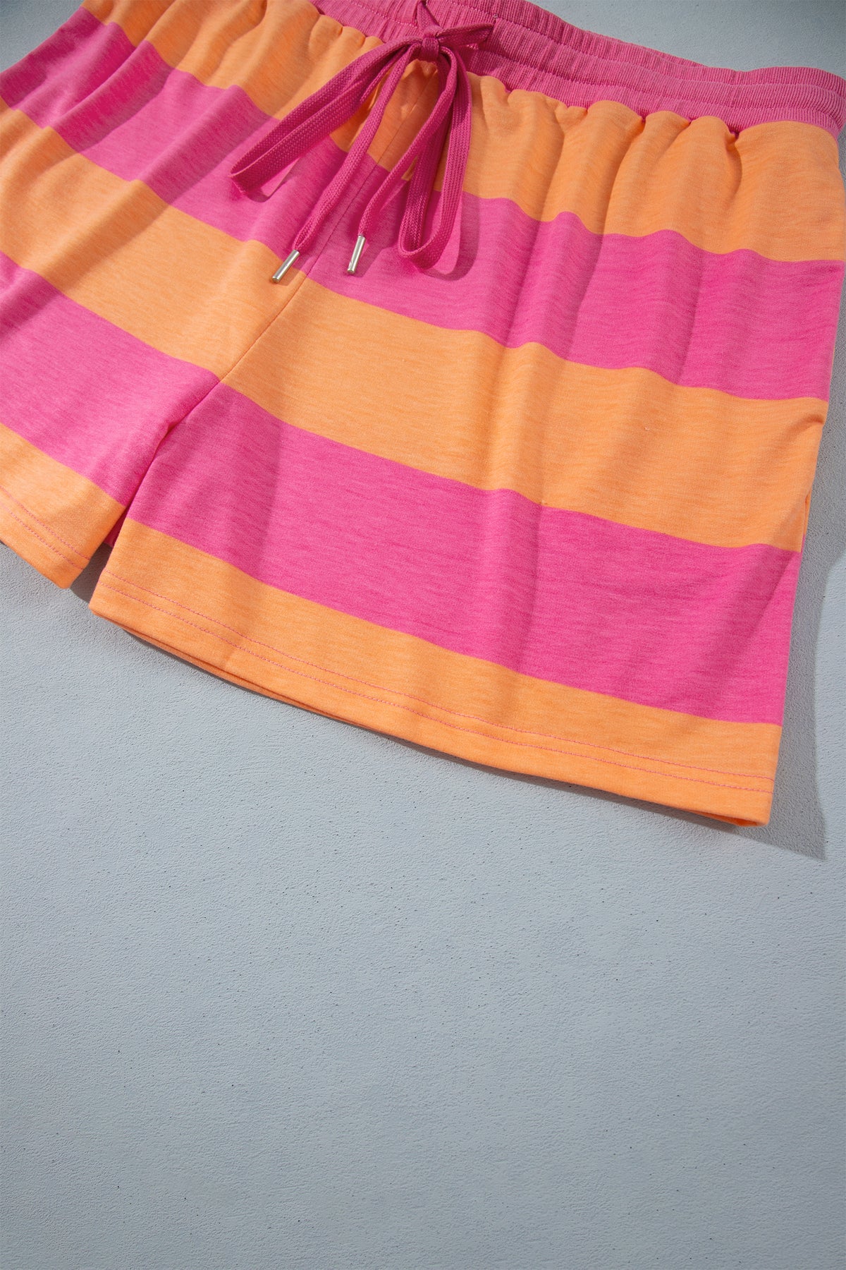 Pink + Orange Stripe Plus Size Long Sleeve Top Drawstring Short Set