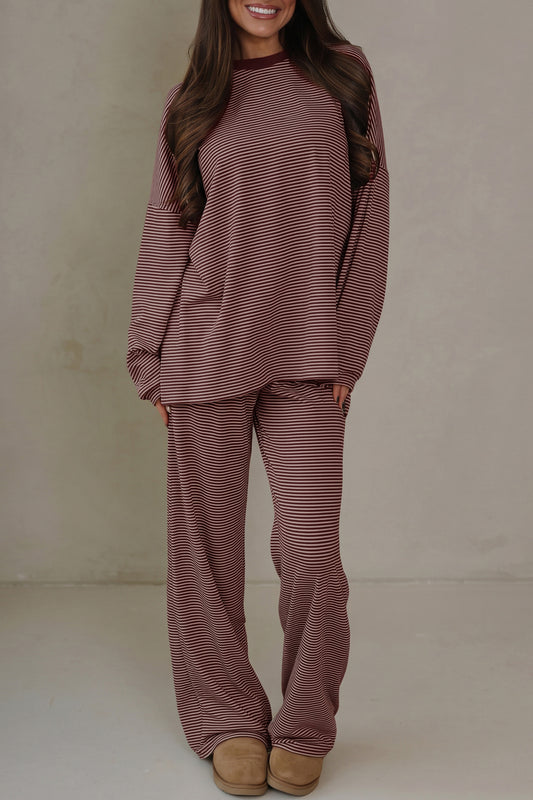 Stripe Contrast Trim Round Neck Oversize Long Sleeve Set