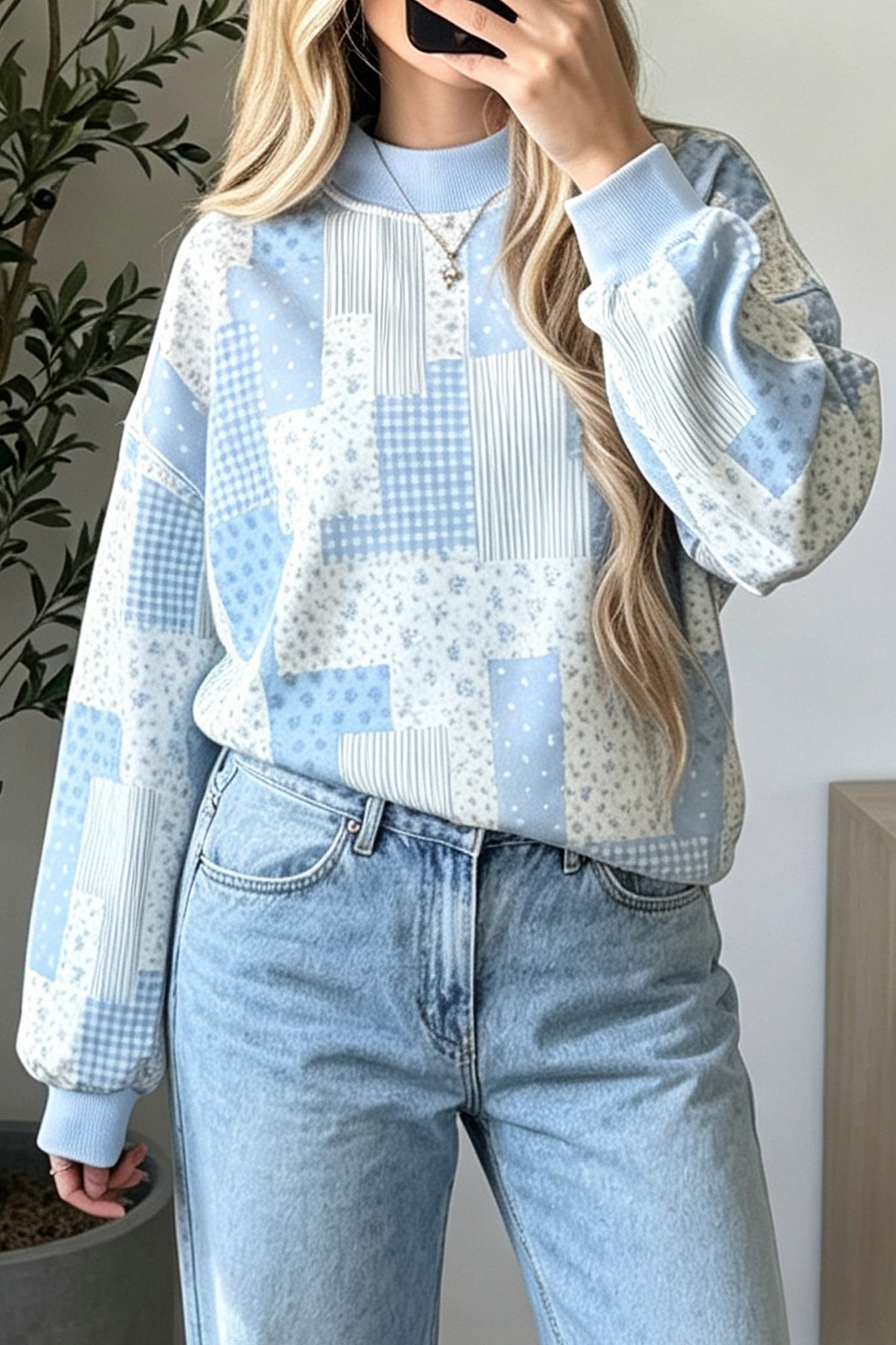 Patchwork Floral Print Mock Neck Long Sleeve Sweatshirt