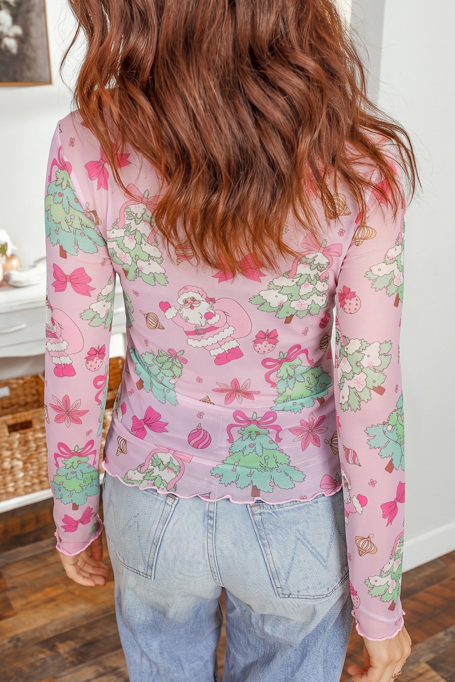 Pink Christmas Abstract Print Long Sleeve Mesh Top