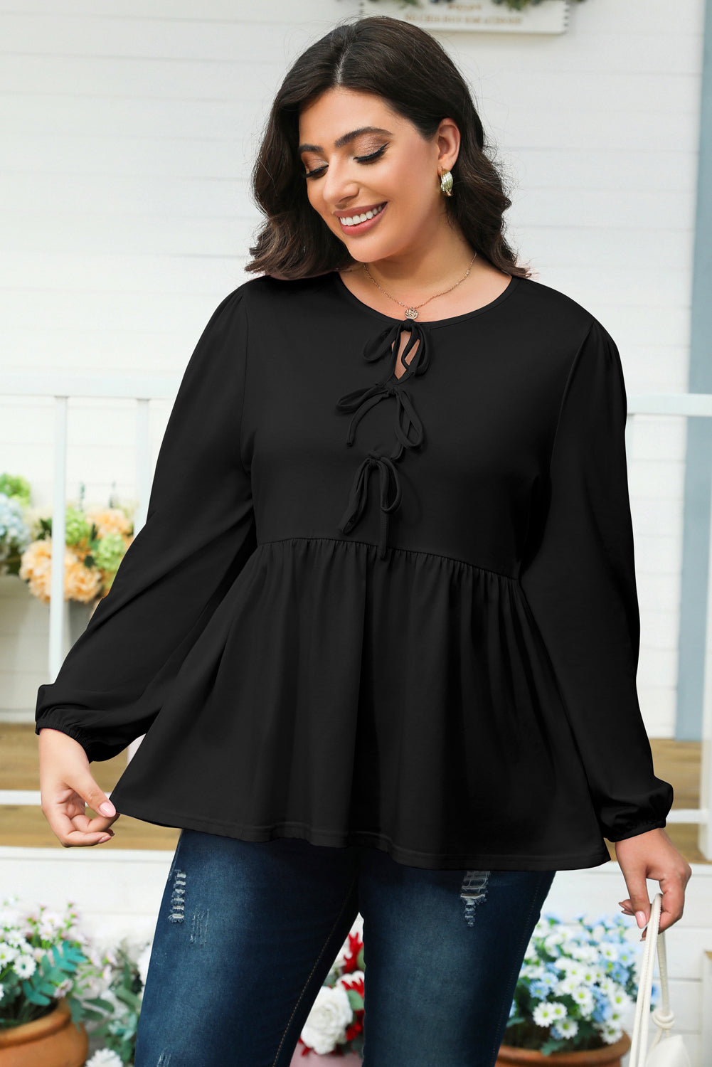 Black Solid Color Bow Tie Front Long Sleeve Peplum