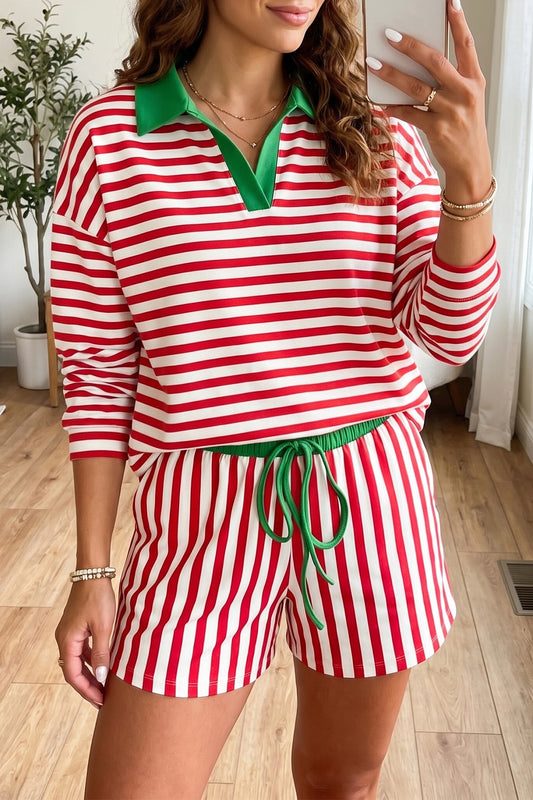 Red Stripe Colorblock Trim Polo Collar Drawstring Elastic Waist Band Set