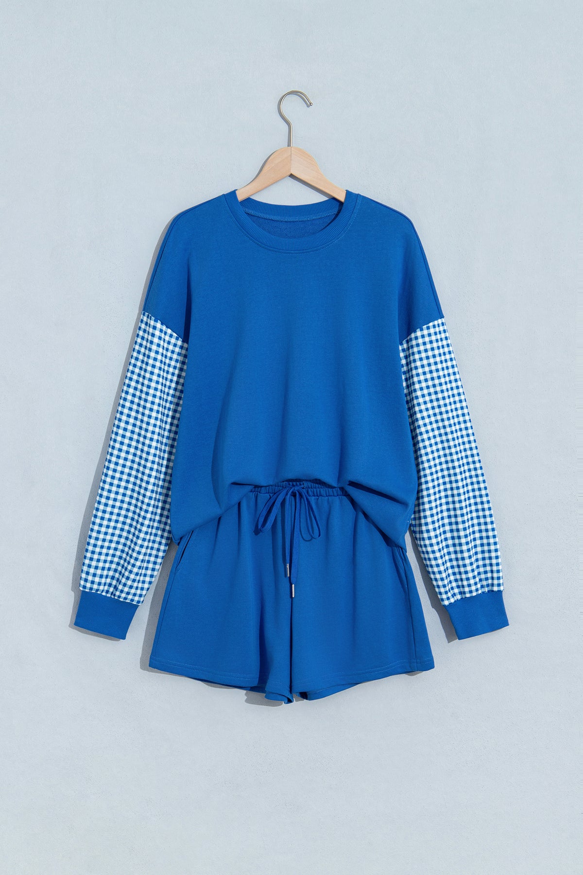 Patchwork Long Sleeve Top Solid Drawstring Shorts Set