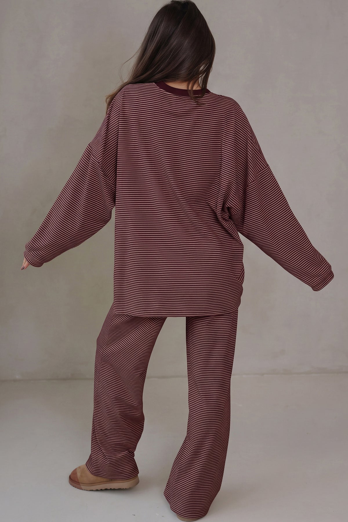 Stripe Contrast Trim Round Neck Oversize Long Sleeve Set