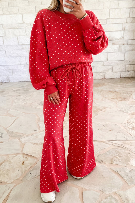 Polka Dot Drawstring Wide Leg Long Sleeve Top Pant Set