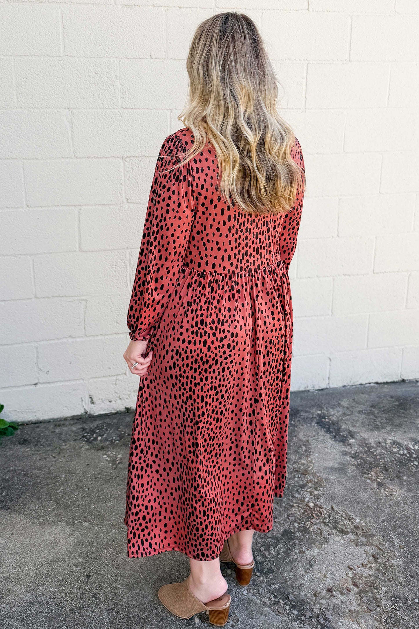 Red Leopard Print Long Sleeve V Neck Midi Dress