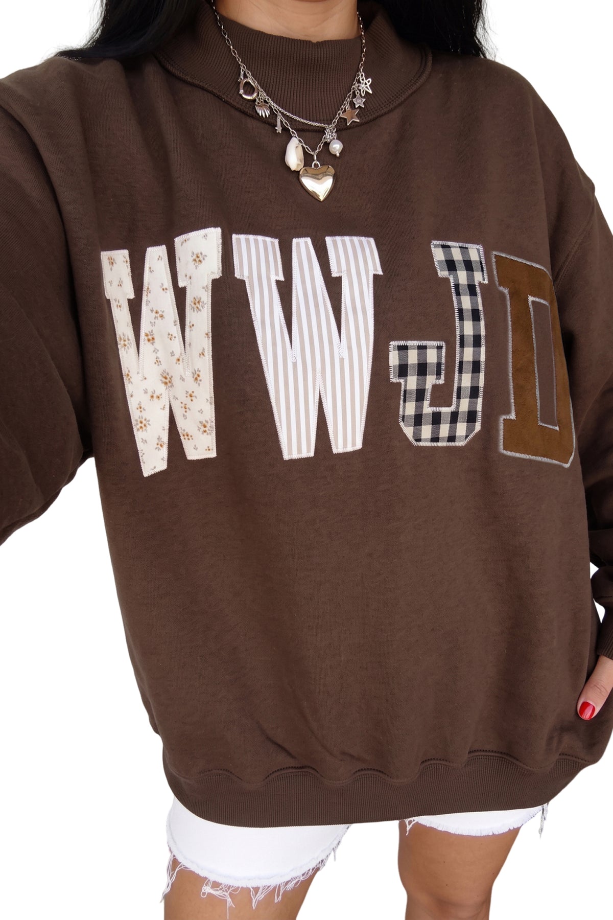 WWJD Mixed Pattern Embroidered Patch Graphic Mock Neck Sweatshirt