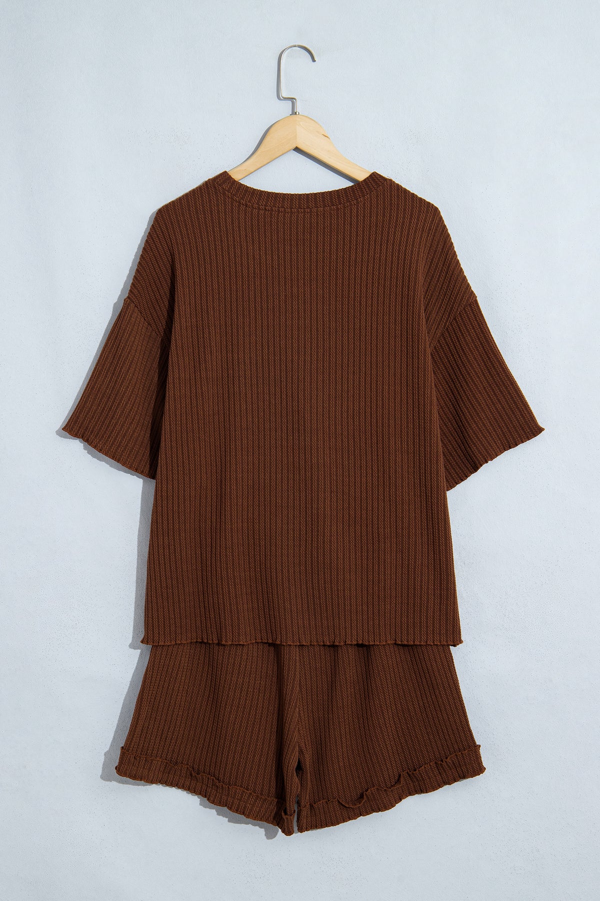 Dark Brown Textured Ribbed Knit Lettuce Trim Lounge Set