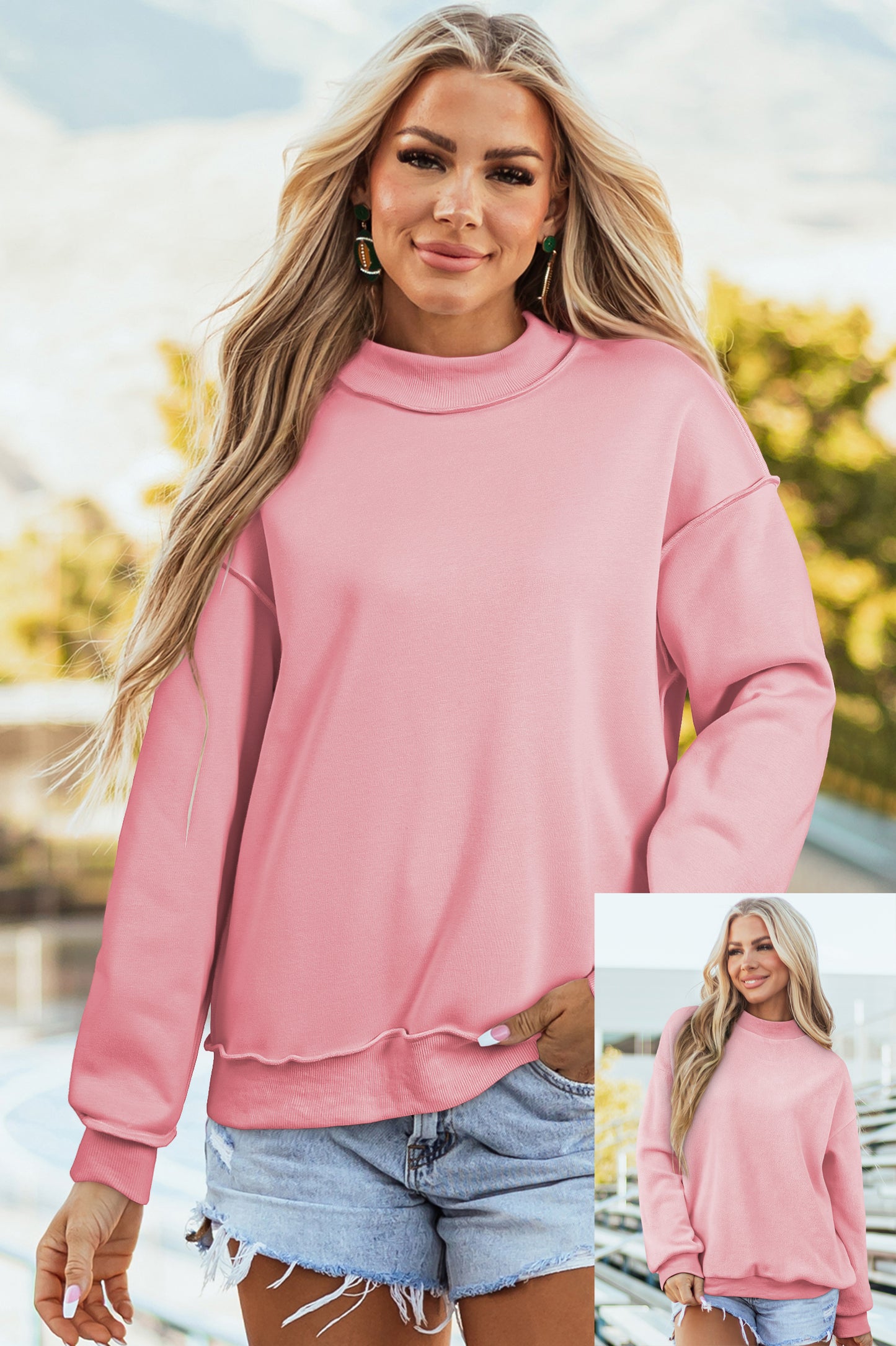 Oversized Drop Shoulder Reversible Mock Neck Sweatshirt