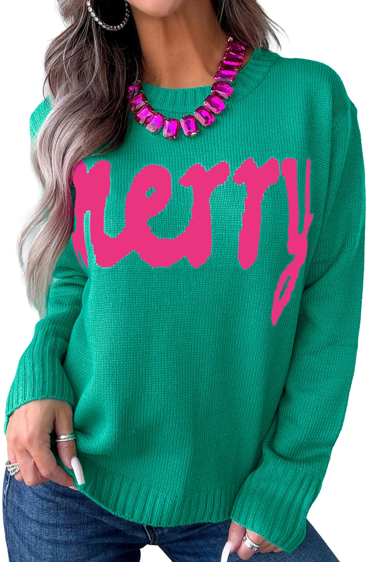 Merry Print Ribbed Trim Round Neck Loose Fit Sweater