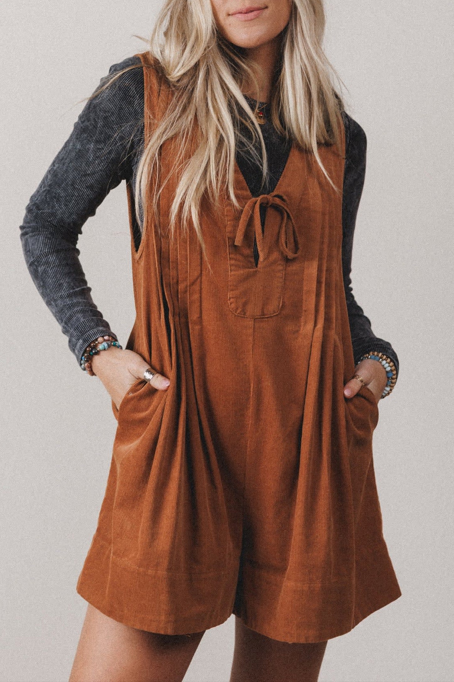 Solid Color Tie V Neck Sleeveless Corduroy Romper