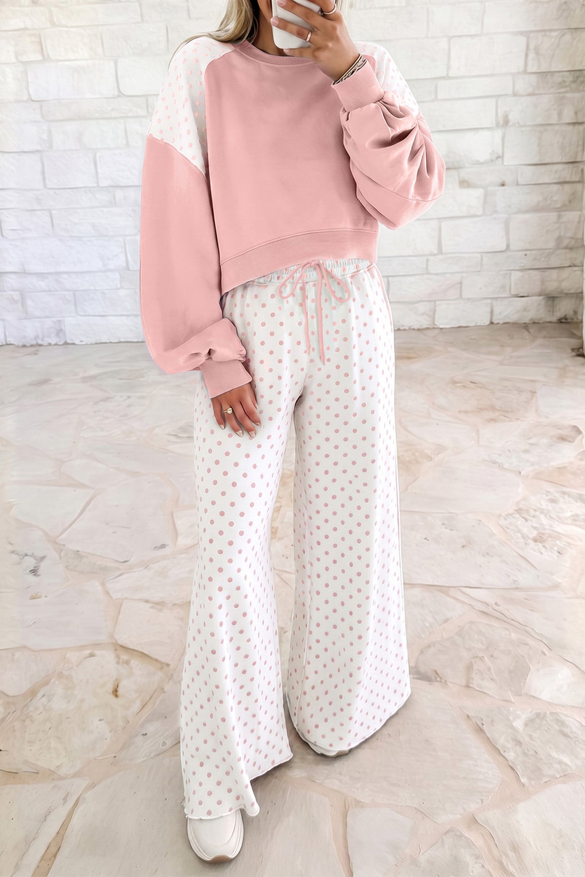 Polka Dot Patchwork Colorblock Long Sleeve Casual Two Piece Pants Set