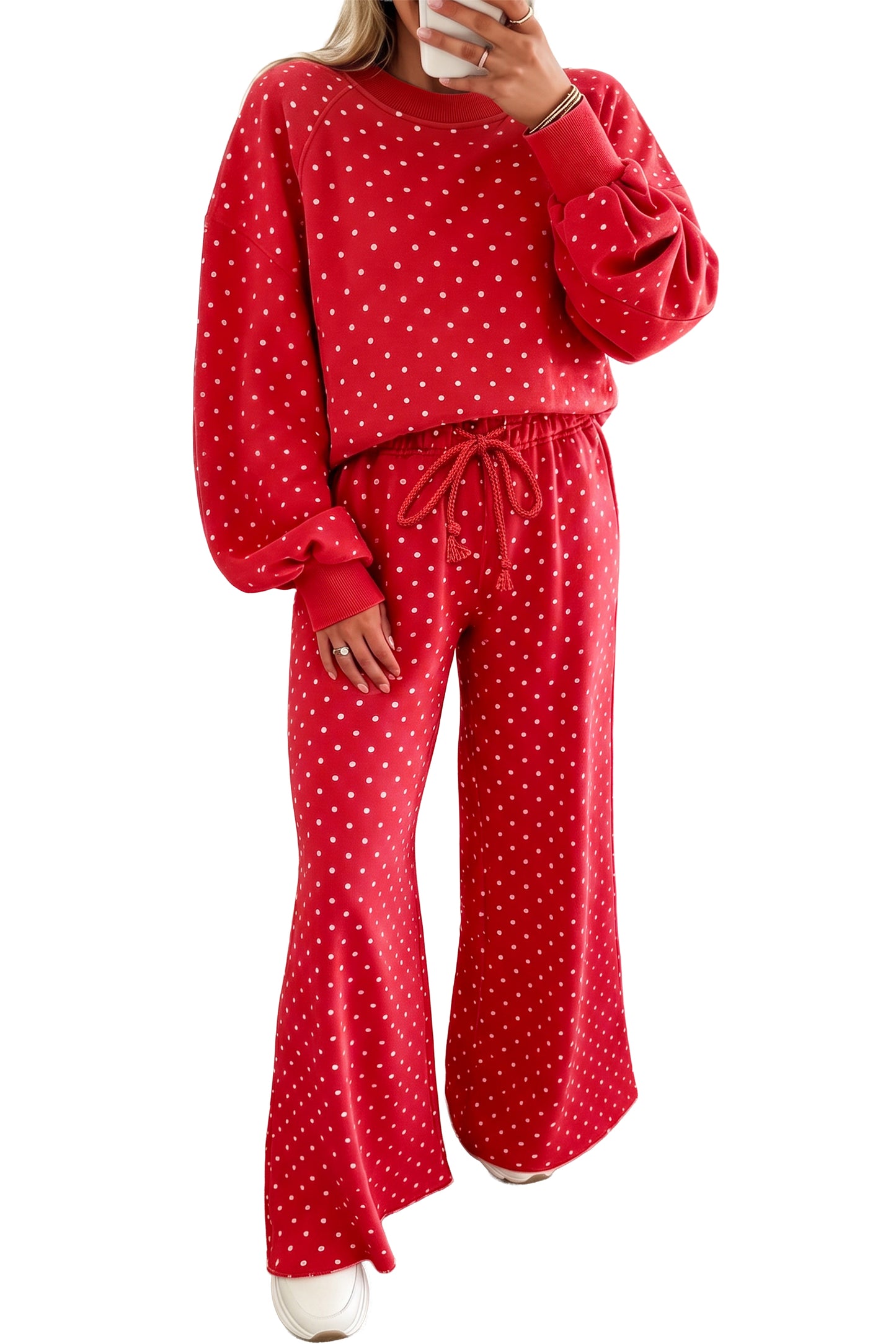 Polka Dot Drawstring Wide Leg Long Sleeve Top Pant Set
