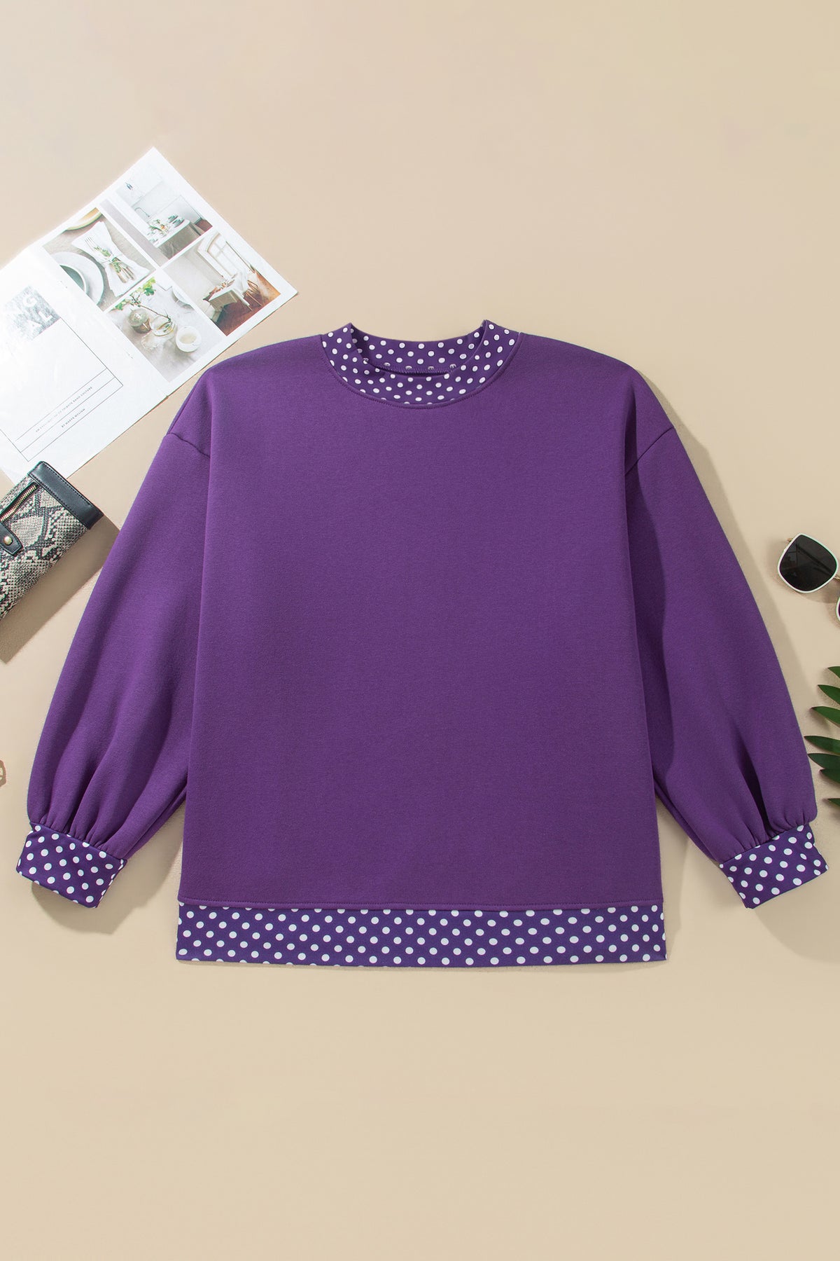 Polka Dot Patchwork Round Neck Plus Size Sweatshirt
