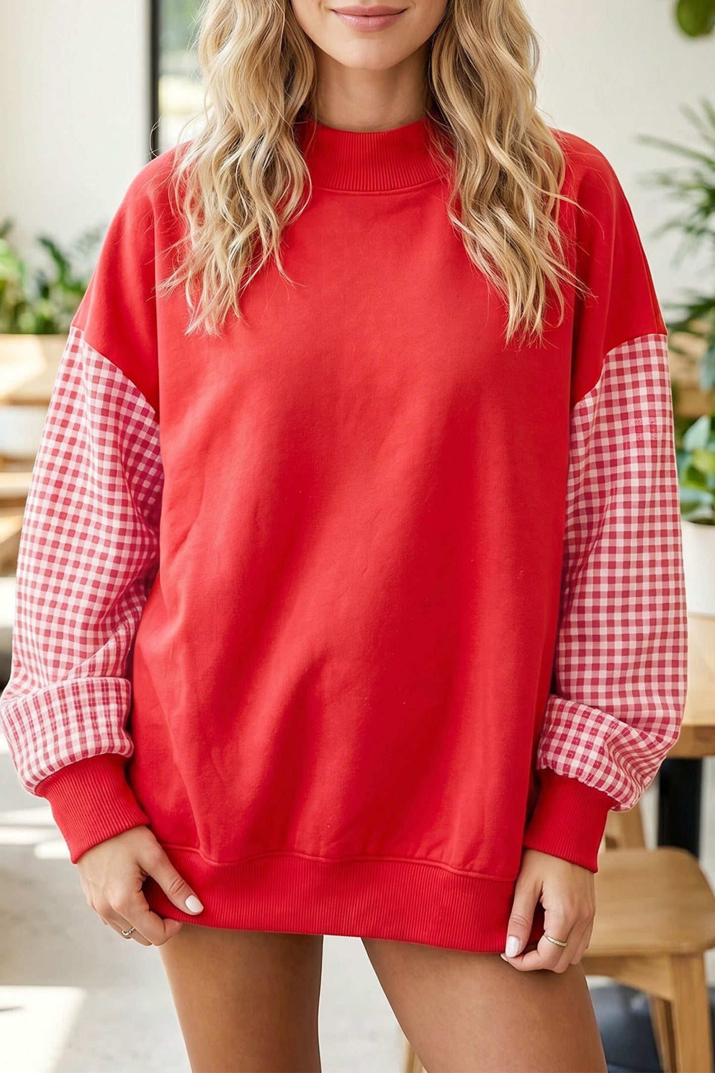 Plaid Sleeve Colorblock Loose Sweatshirt
