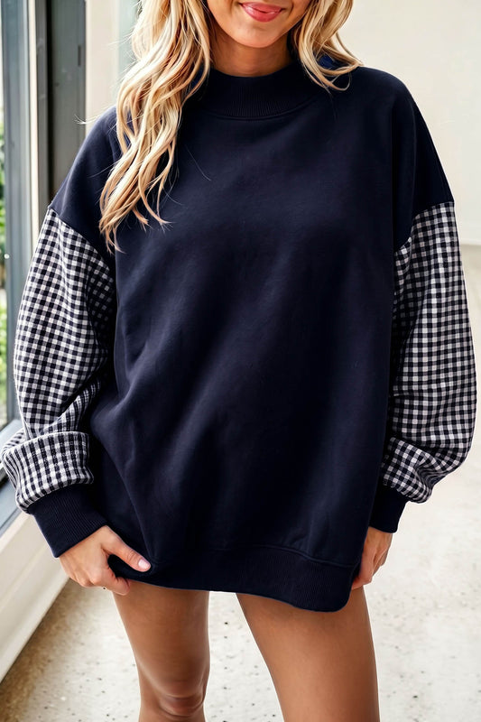 Plaid Sleeve Colorblock Loose Tunic Sweatshirt