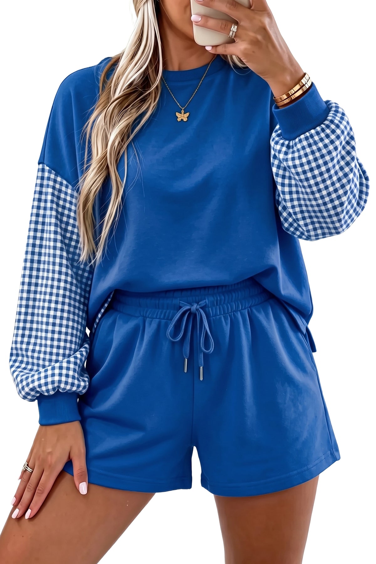 Patchwork Long Sleeve Top Solid Drawstring Shorts Set