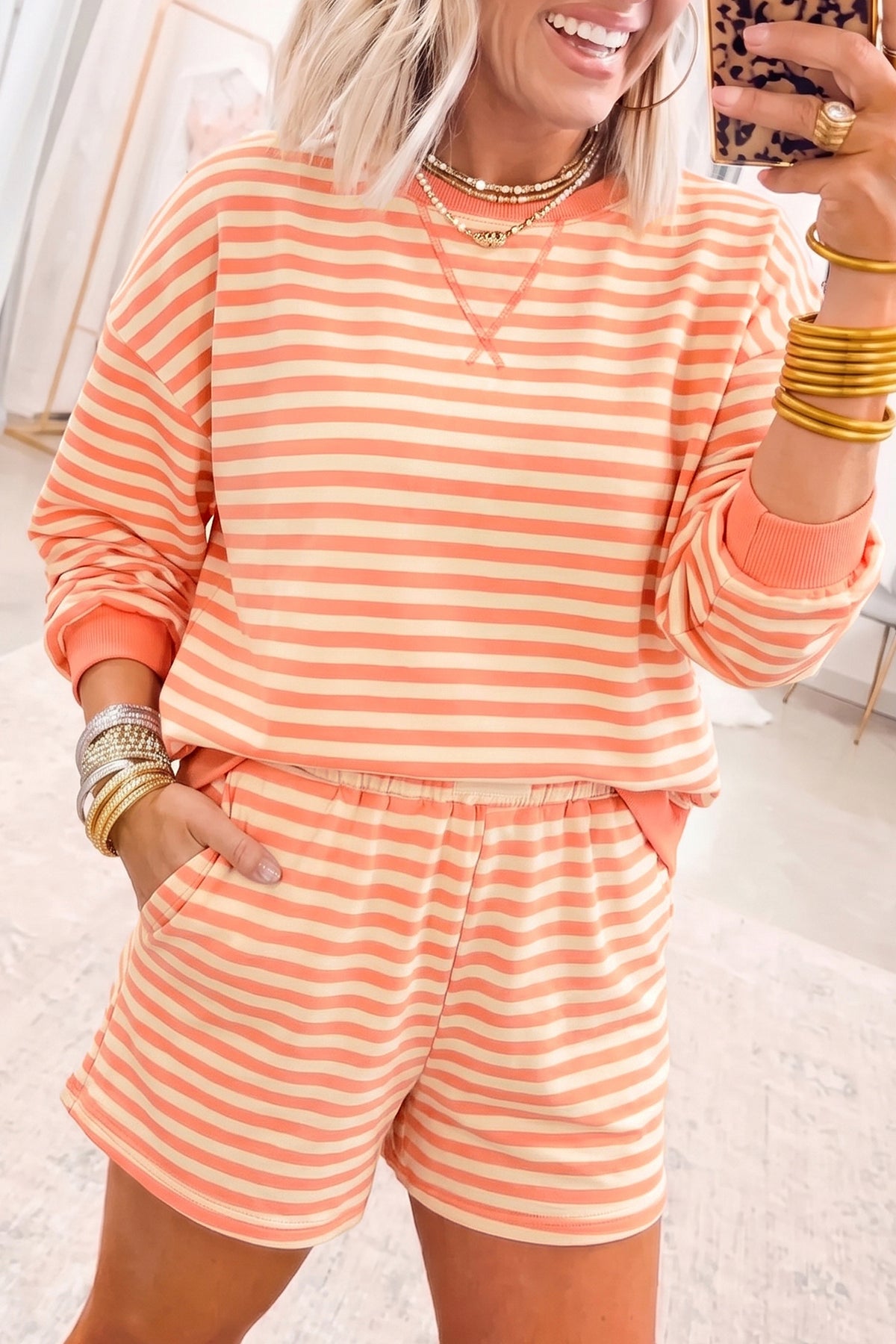 Stripe Drop Shoulder Long Sleeve Pullover Elastic Waist Casual Short Set