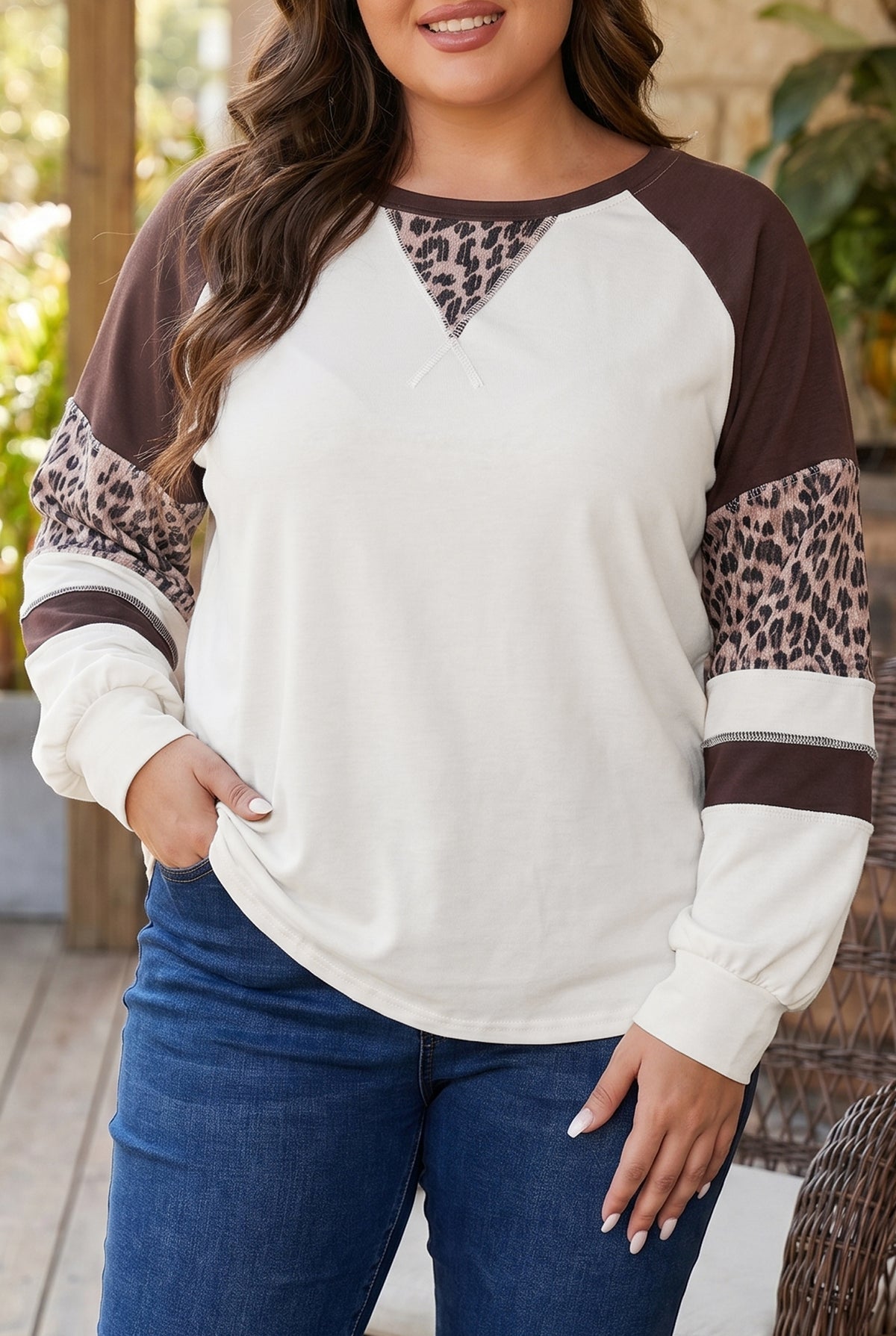 Beige Leopard Print Colorblock Round Neck Long Sleeve Top