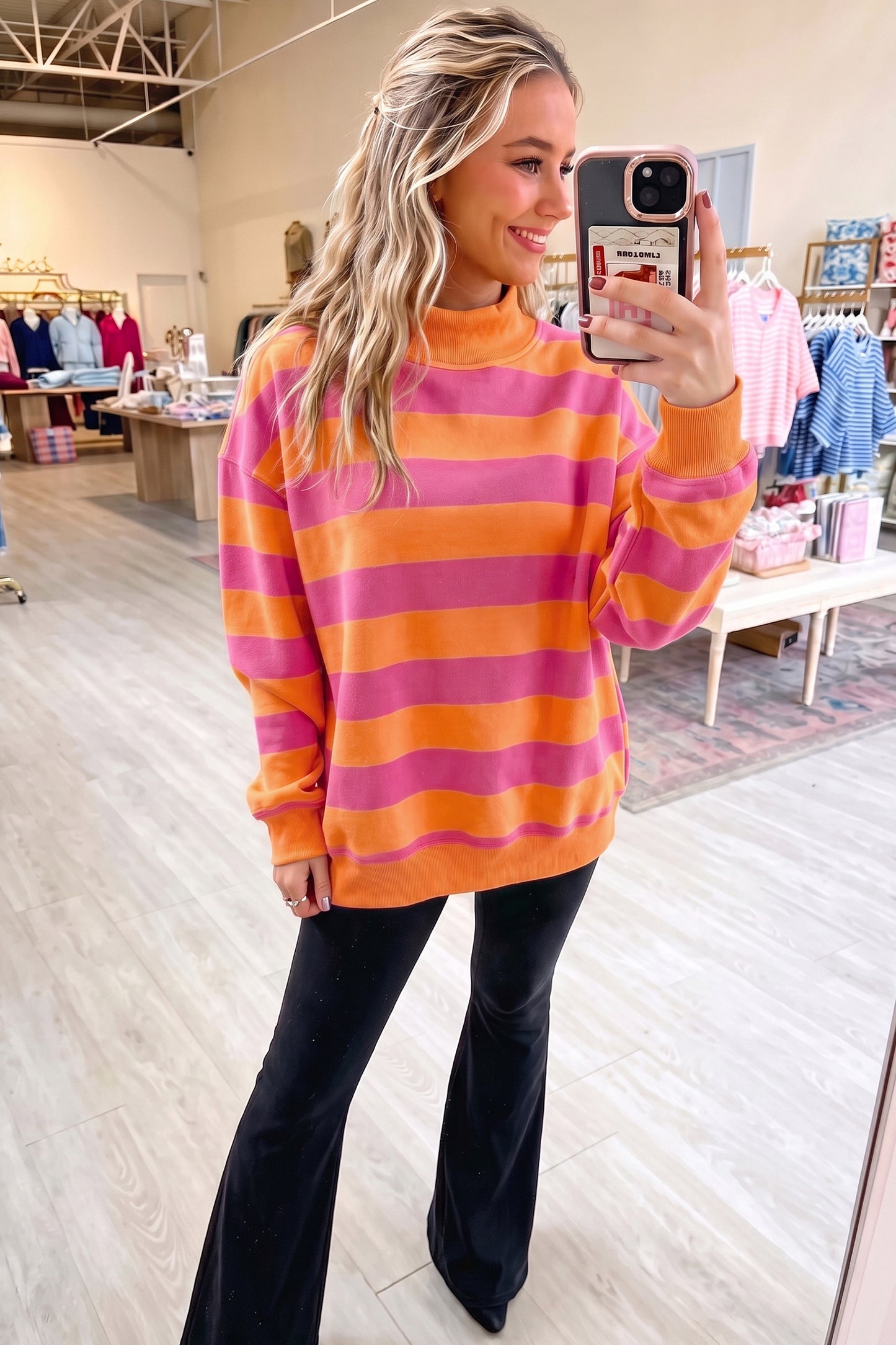Blue Stripe Colorblock Mock Neck Relaxed Sweatshirt