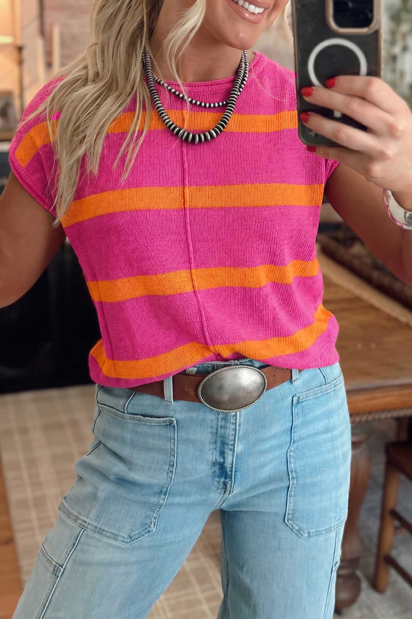 Striped Knit Short Sleeve Sweater