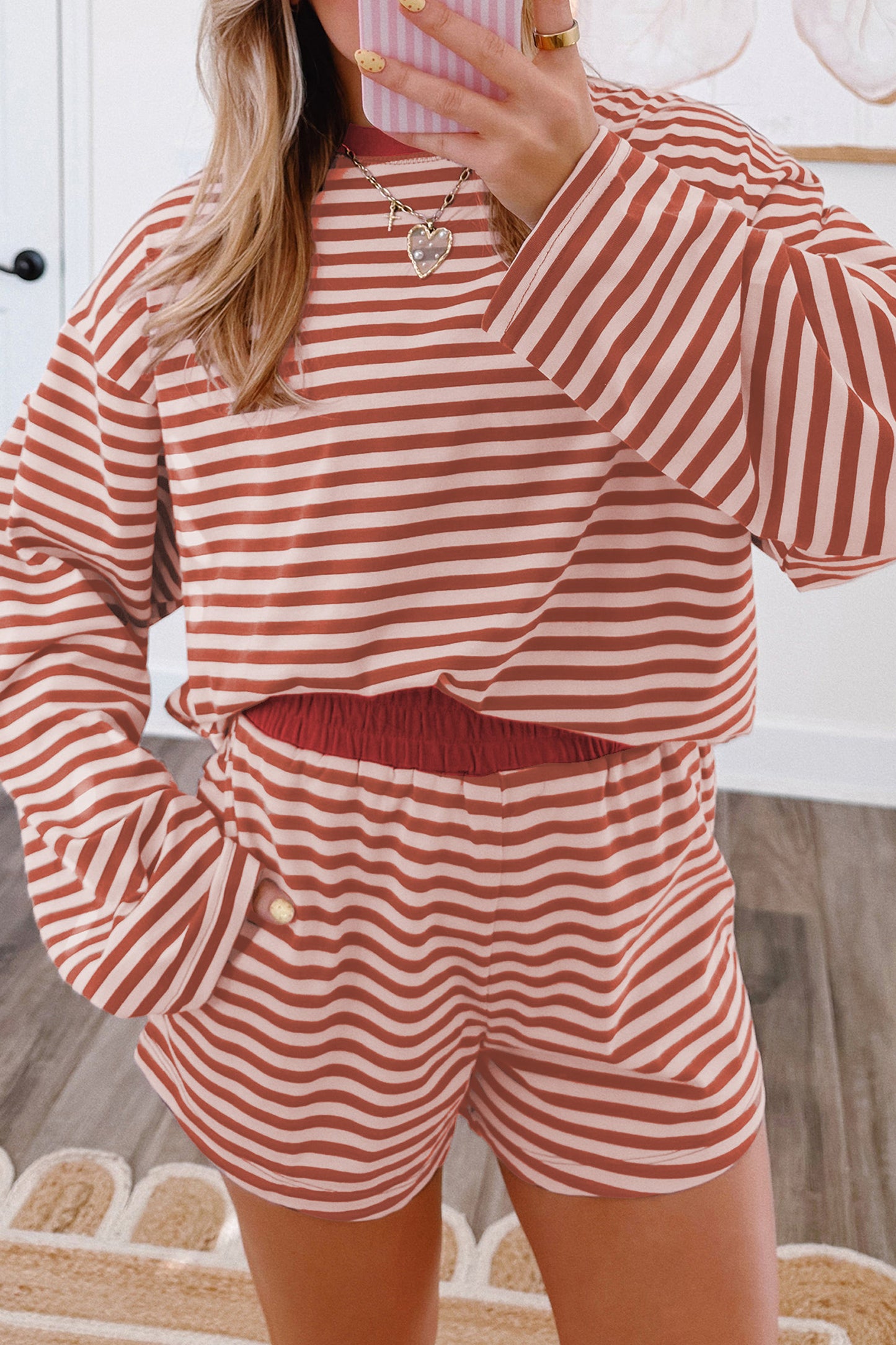 Brown Stripe Relaxed Long Sleeve Top Contrast Elastic Waistband Short Set