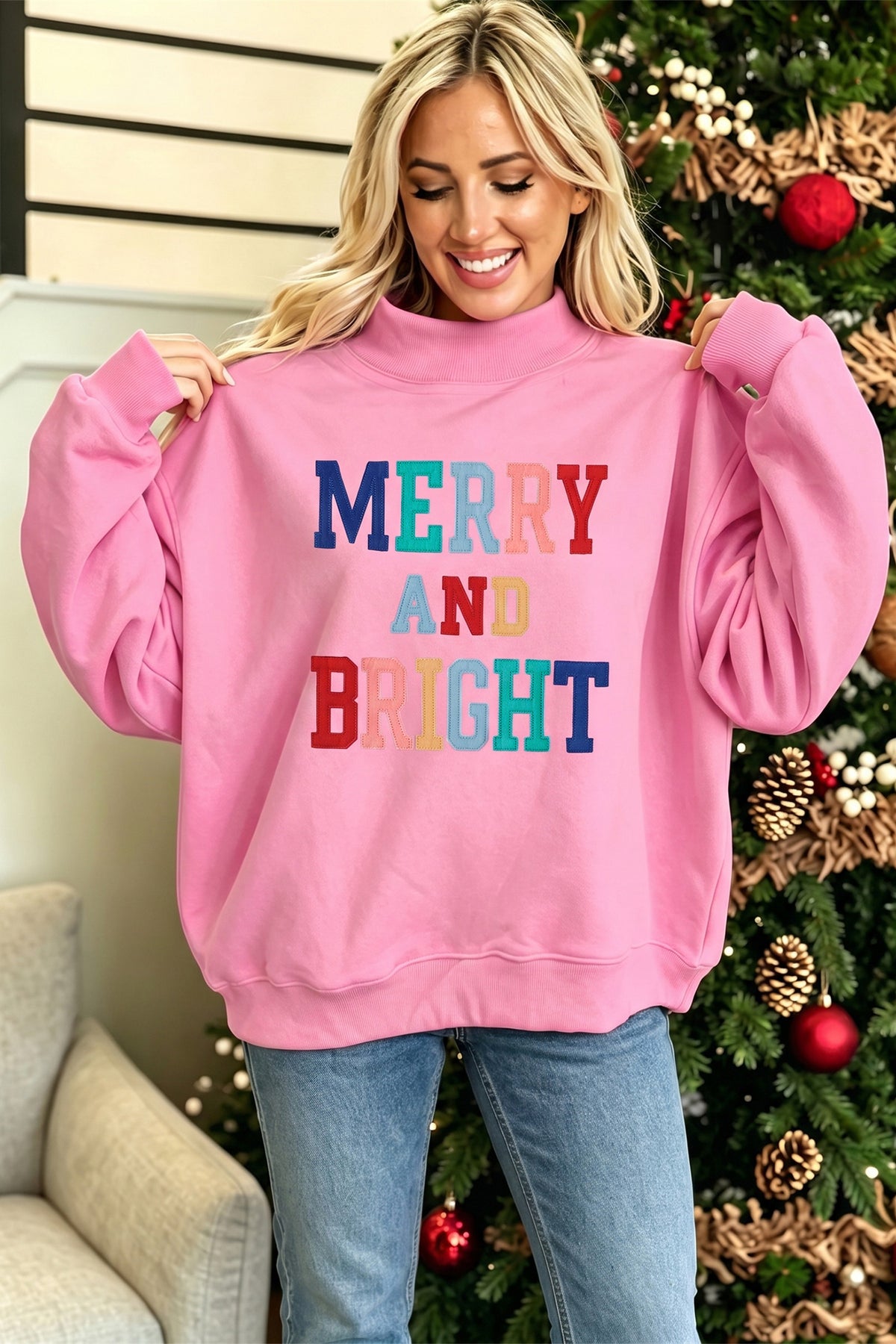 MERRY AND BRIGHT Stitched Letter Pattern Mock Neck Sweatshirt