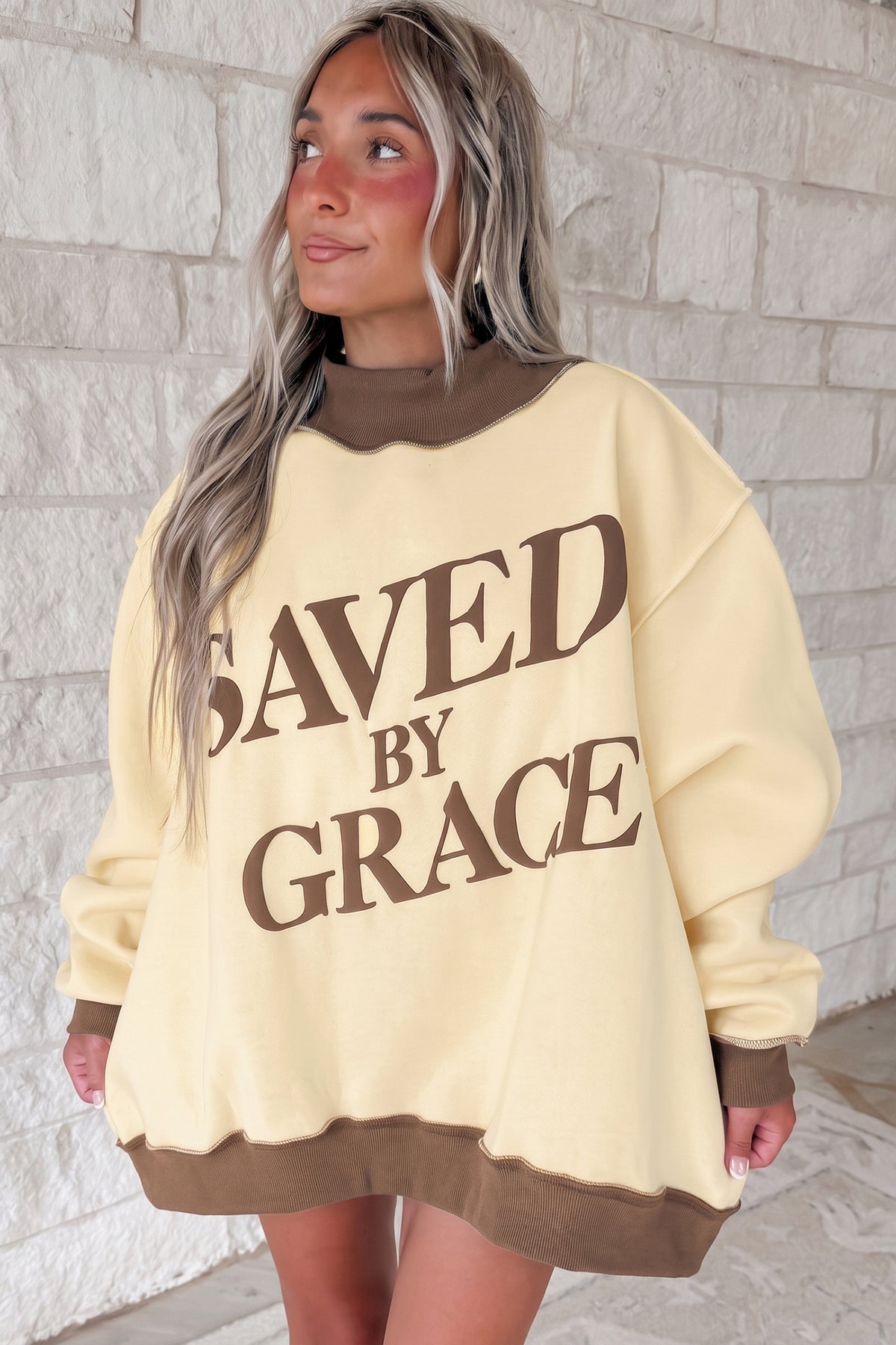 Saved By Grace Print Color Block Mock Neck Oversized Sweatshirt