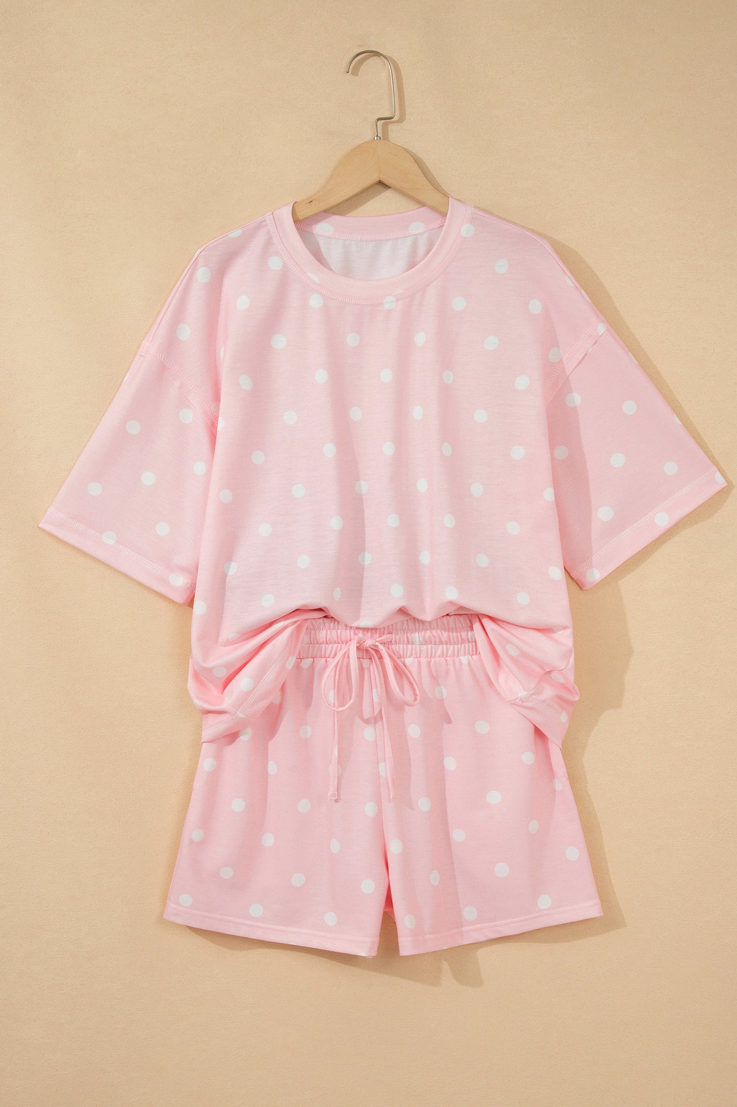 Pink Polka Dot Short Sleeve Loose Top Drawstring Shorts Set