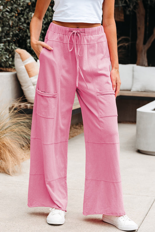 Bonbon Mineral Wash Exposed Seam Drawstring Elastic Waistband Wide Leg Cargo Pants