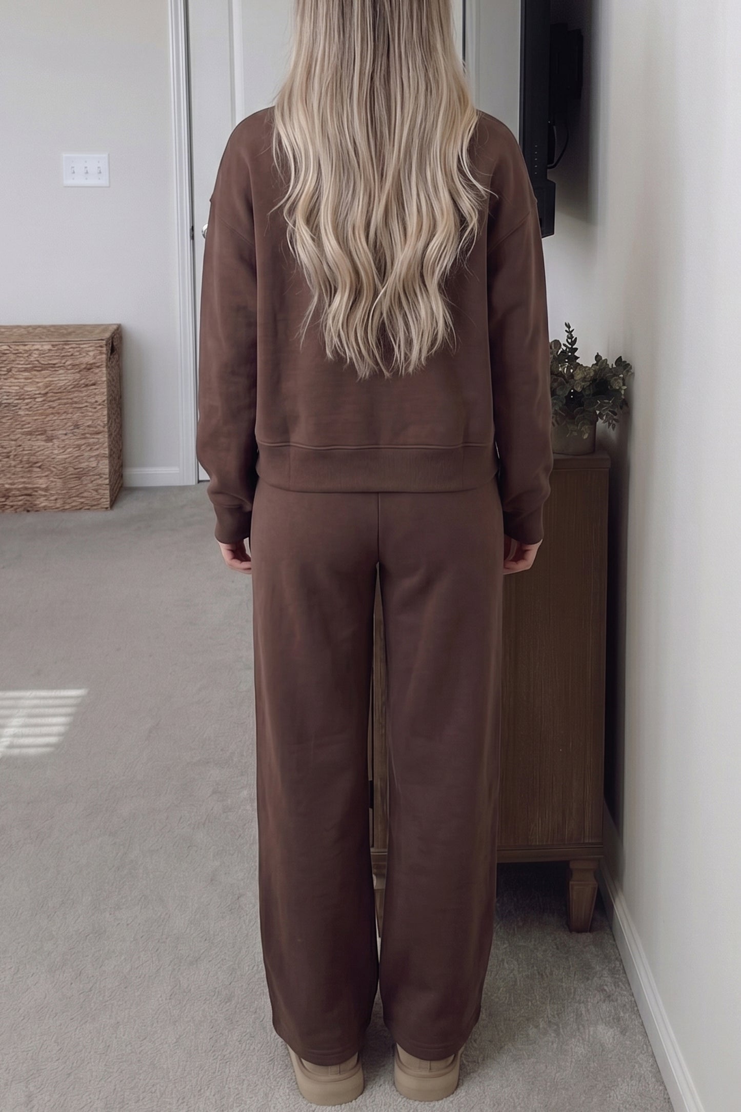 Coffee Solid Color Mock Neck Pullover Drawstring Pants Set