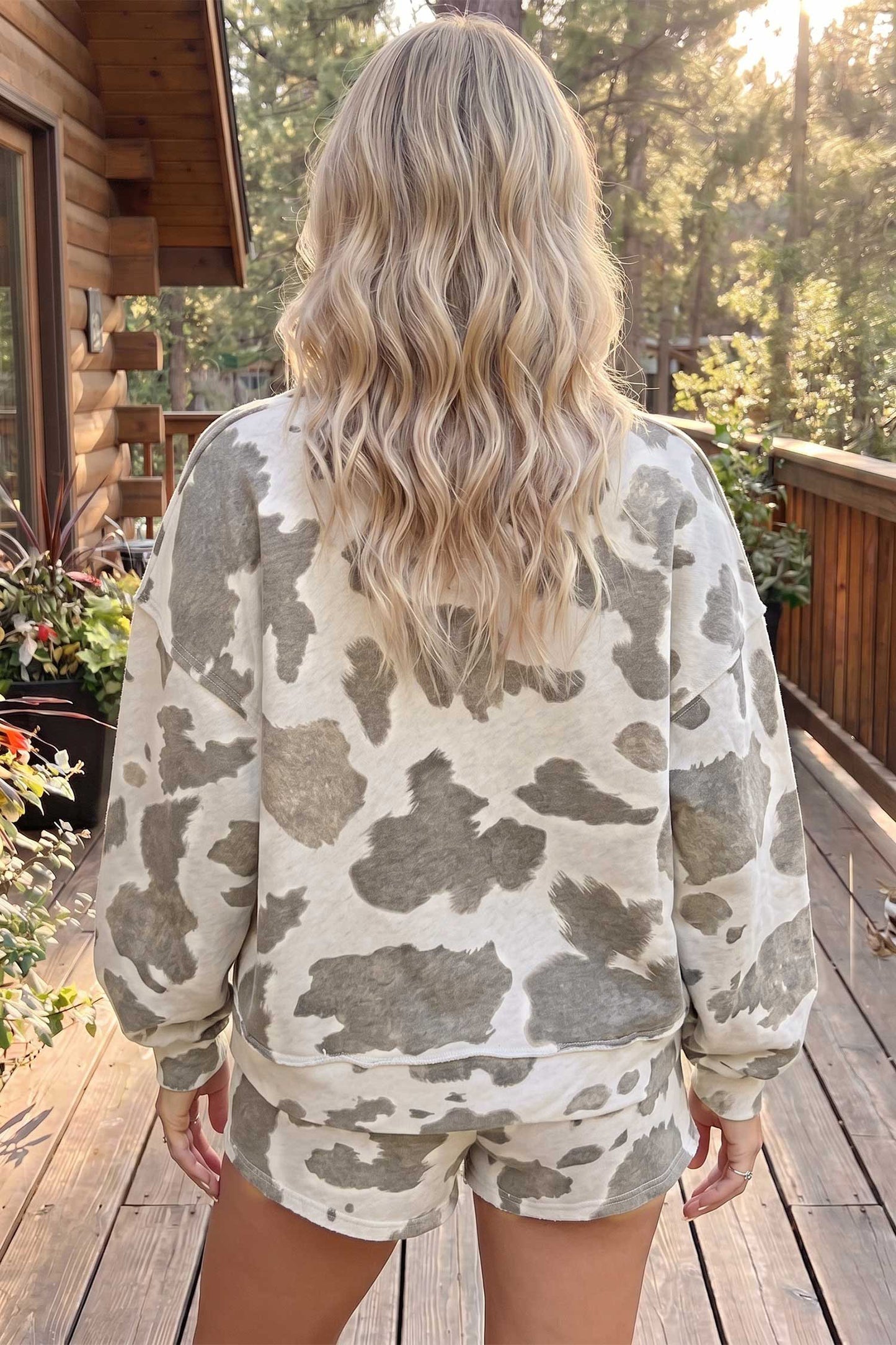 Gray Cowhide Print Raw Hem Long Sleeve Top Drawstring Shorts Set