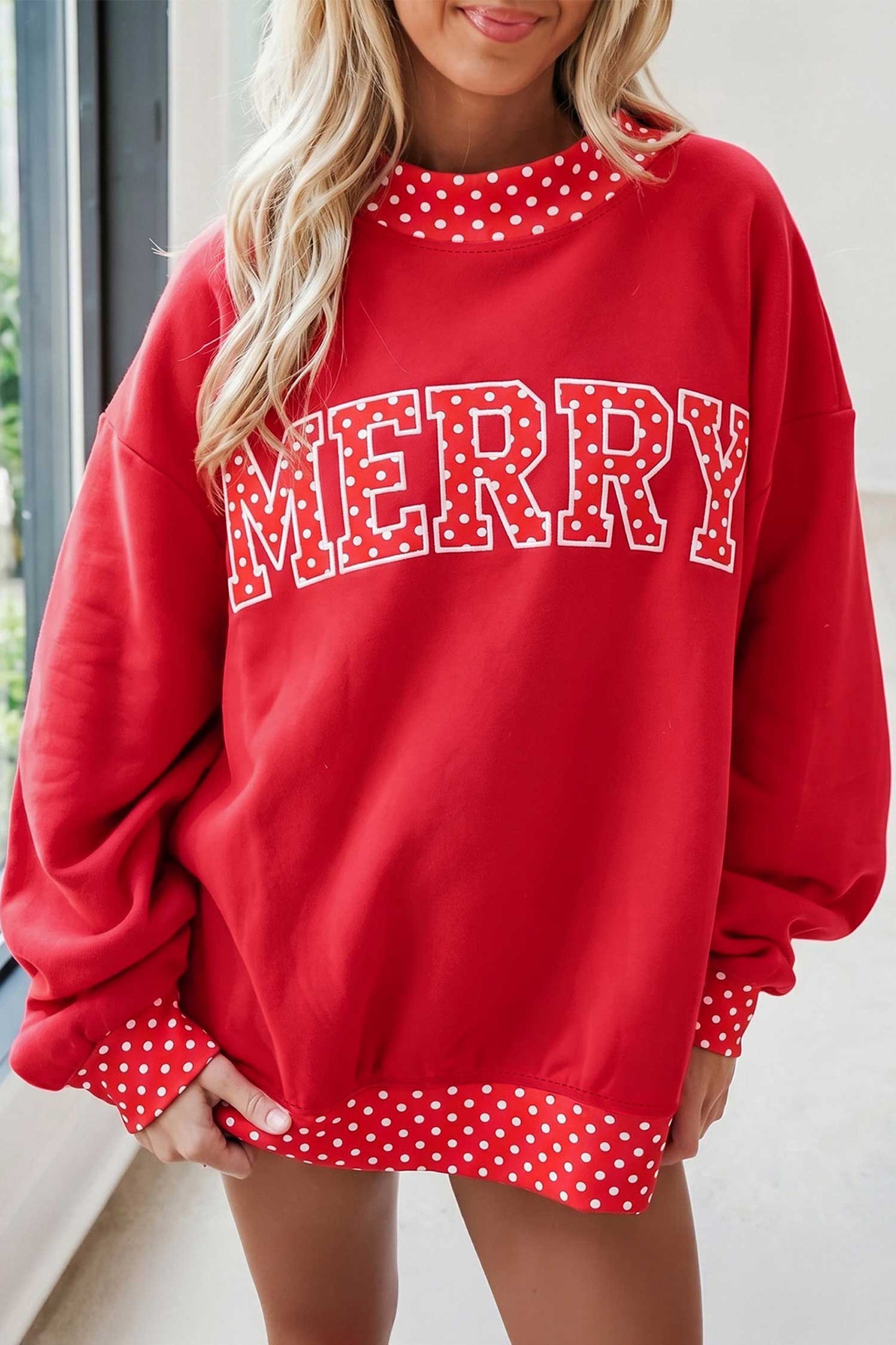 Polka Dot Letter Print Contrast Trim Mock Neck Sweatshirt