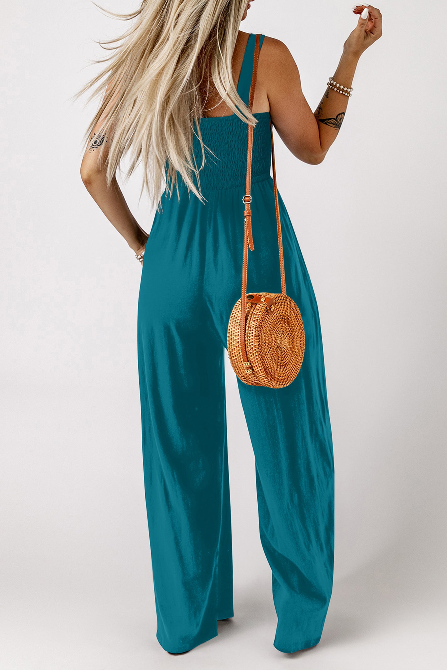 Smocked Square Neck Sleeveless Jumpsuit with Pockets