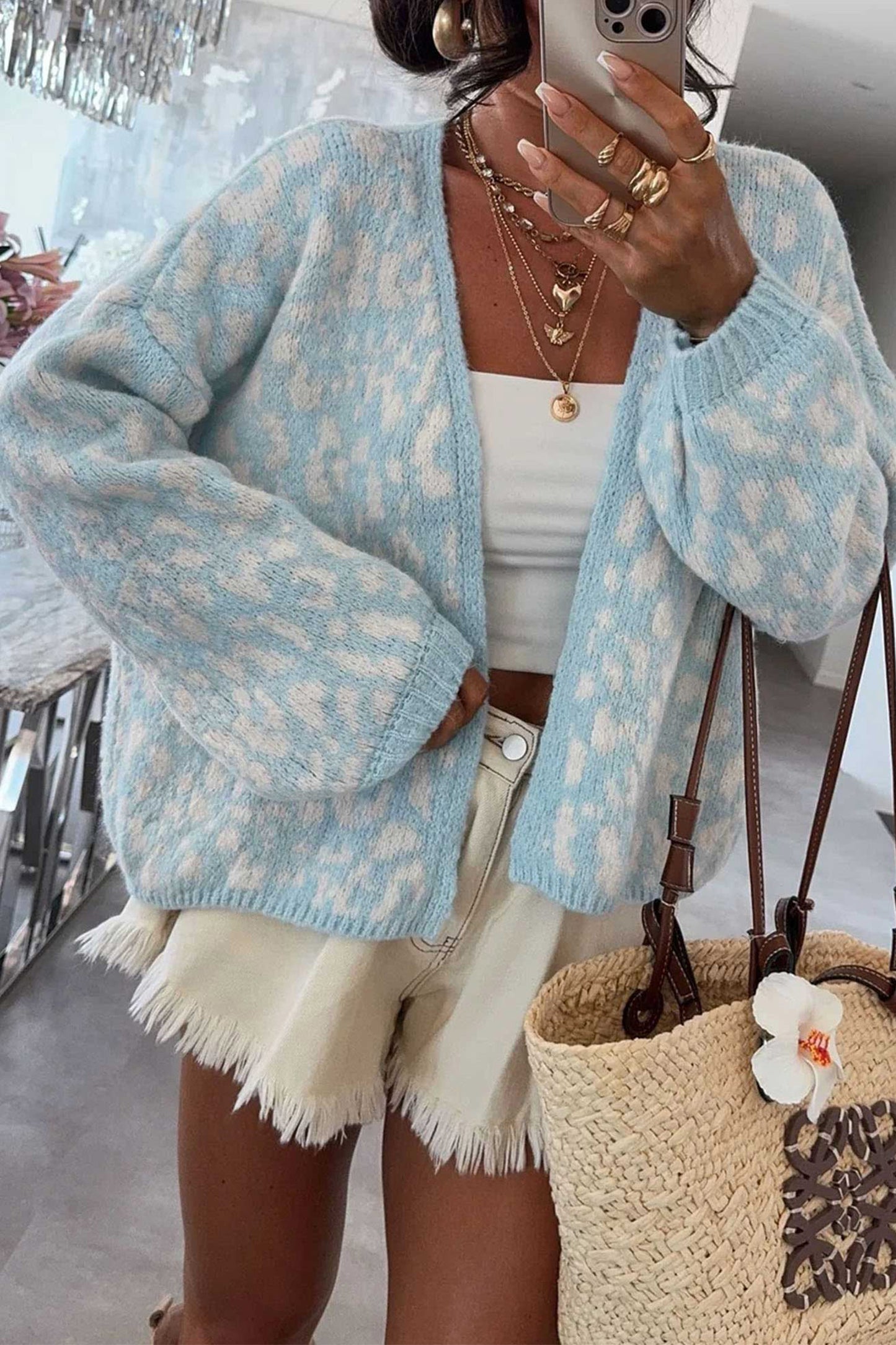 Light Blue Leopard Print Long Sleeve Loose Fit Knit Cardigan
