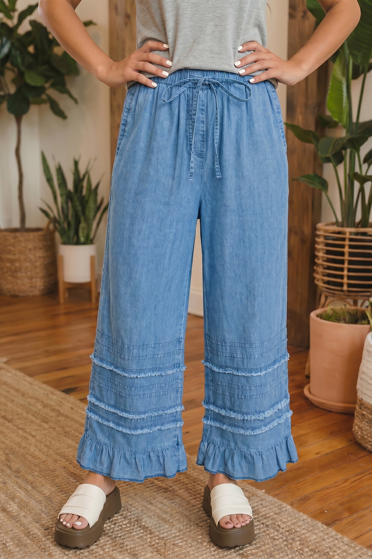 Beau Blue Ruffled Hem Wide Leg Chambray Pants