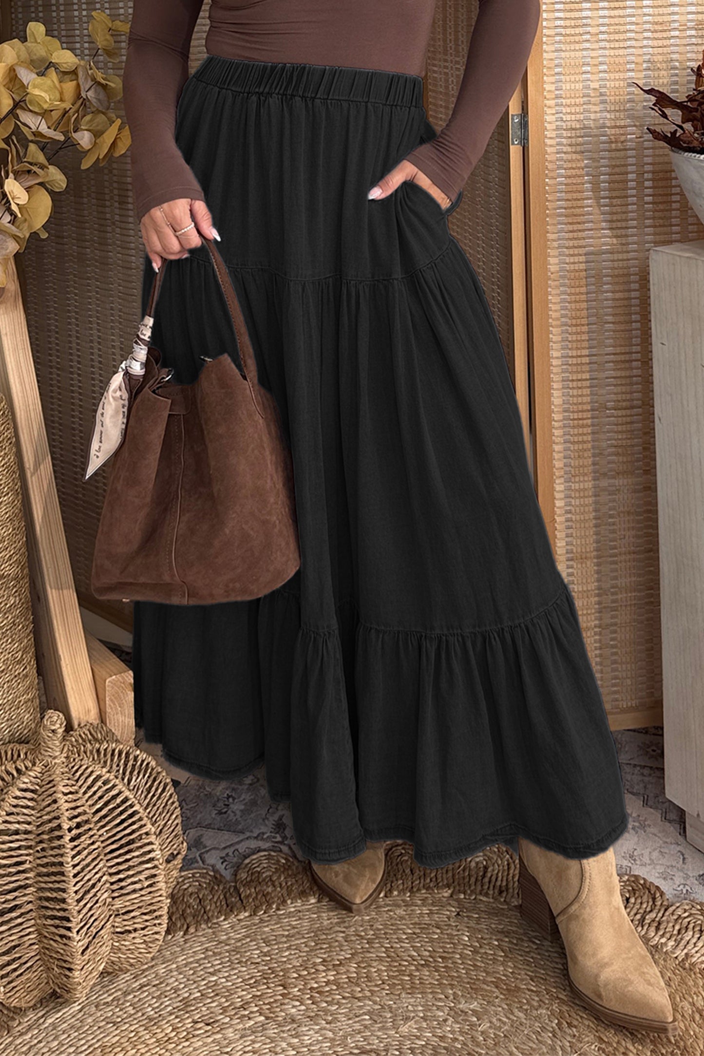 Elastic Waist Ruffled Tiered Flared Denim Maxi Skirt