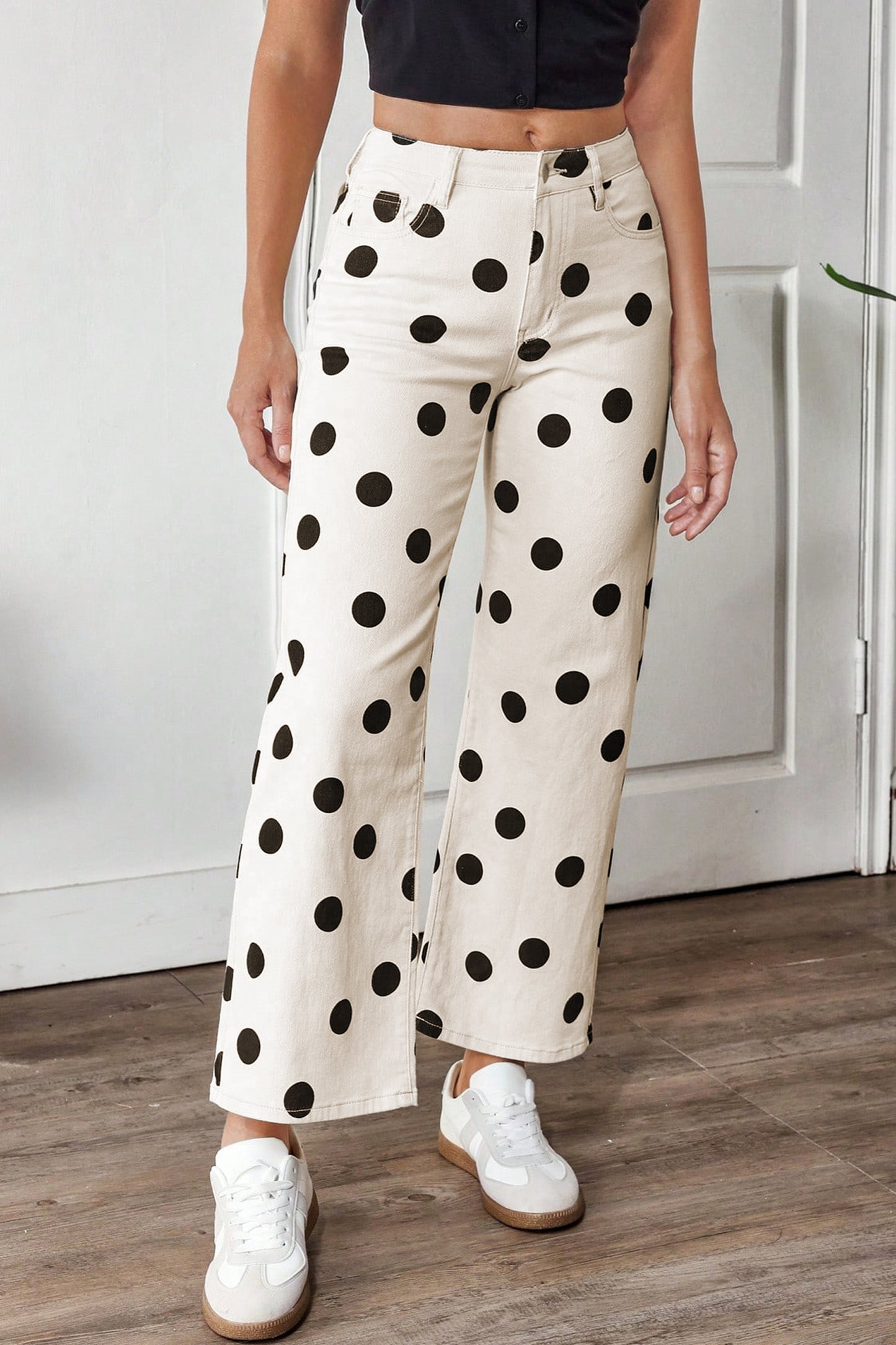 White Polka Dot Print Wide Leg Ankle-Length Jeans