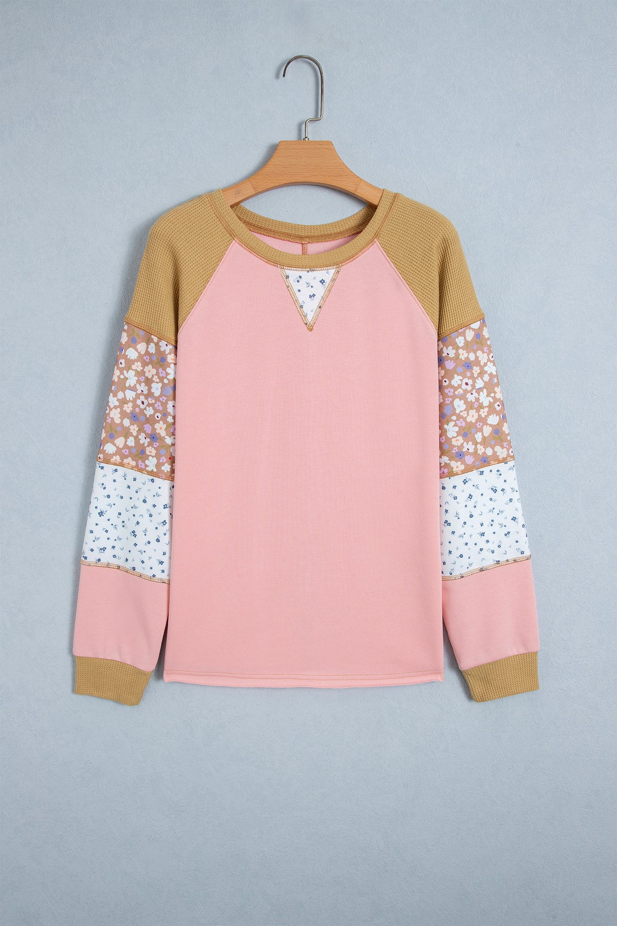 Floral Waffle Mixed Patchwork Long Sleeve Top