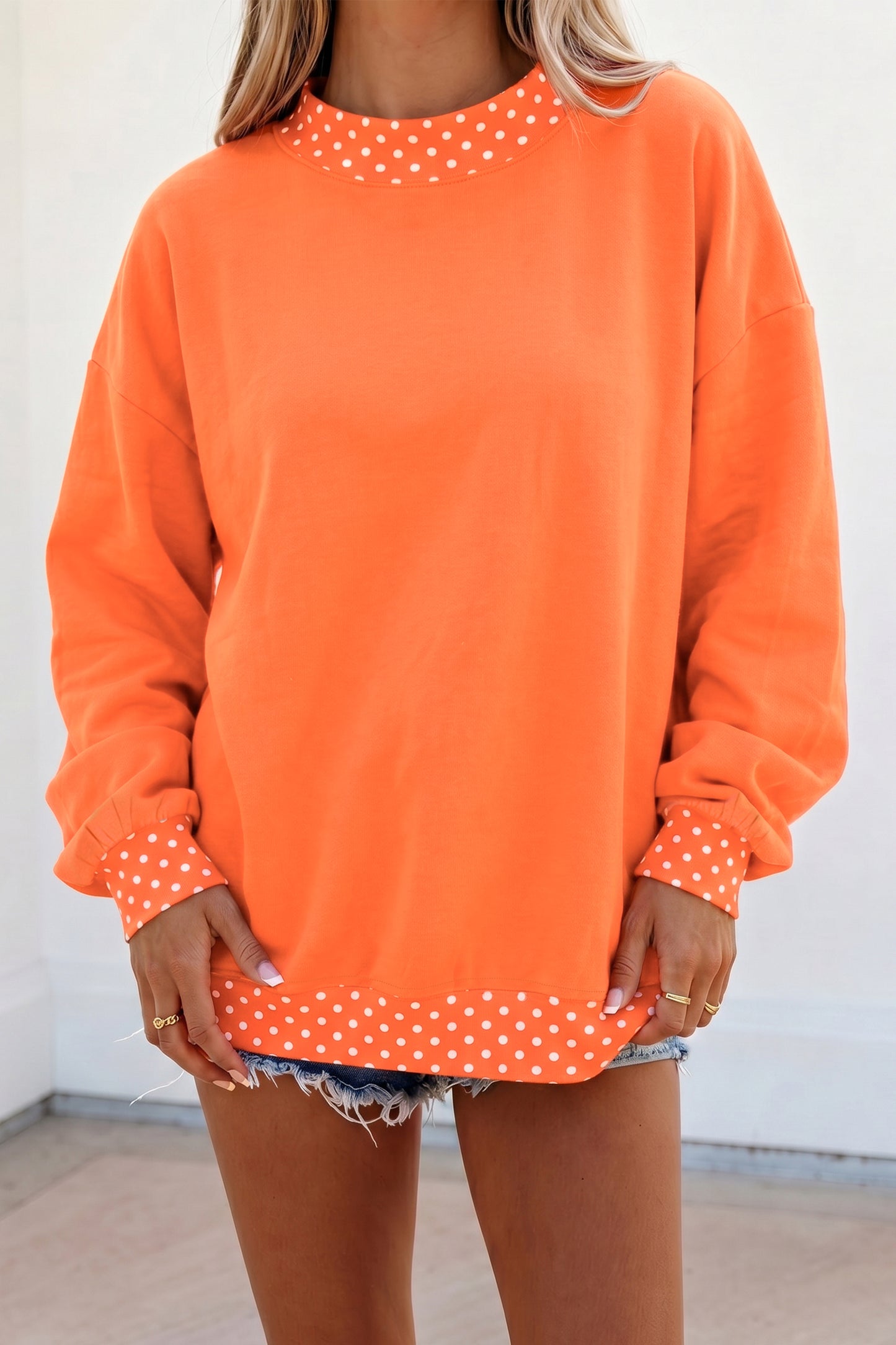 Pink Colorblock Polka Dot Contrast Trim Oversized Sweatshirt
