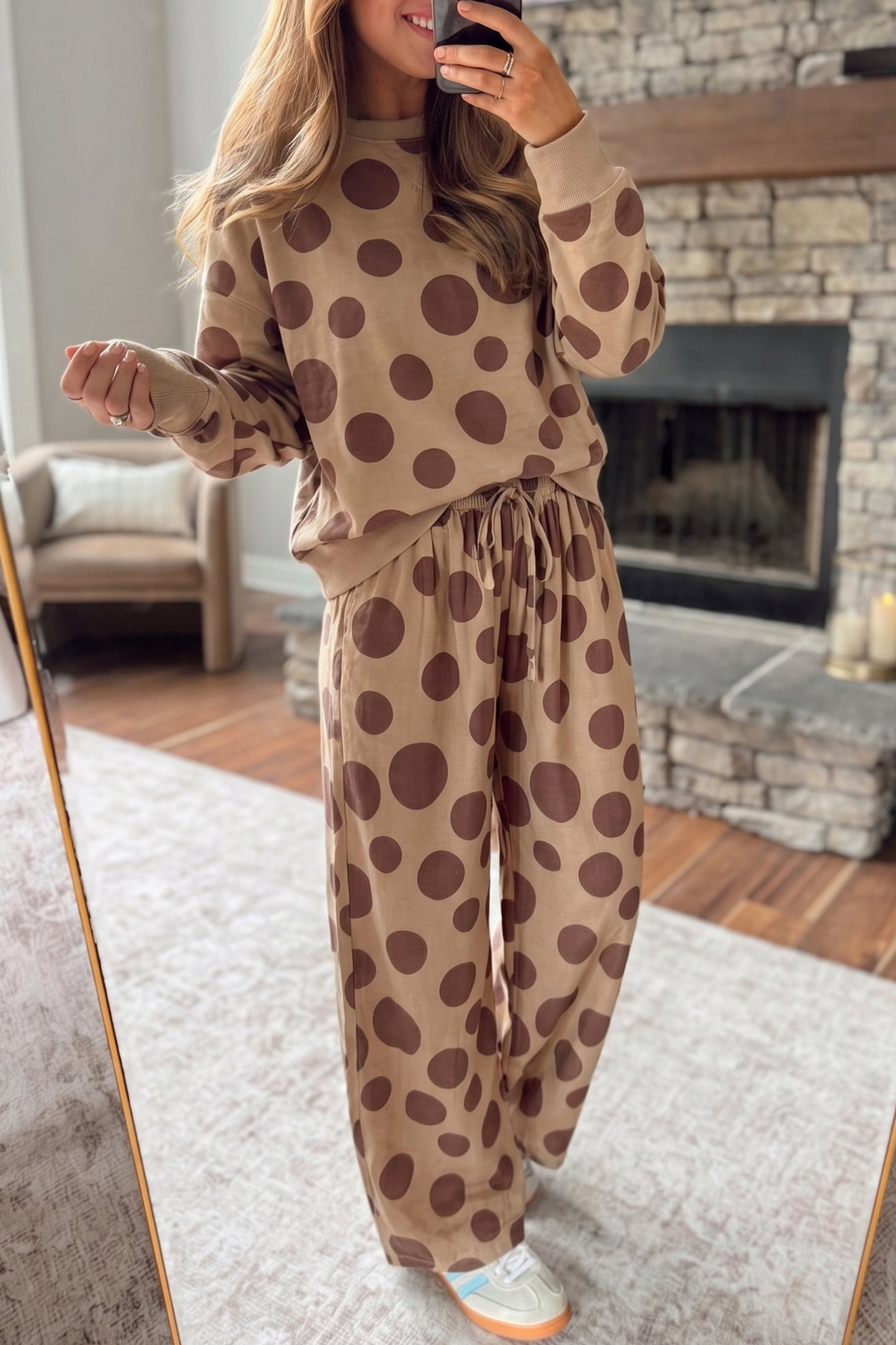 Polka Dot Long Sleeve Top Drawstring Relaxed Pants Set