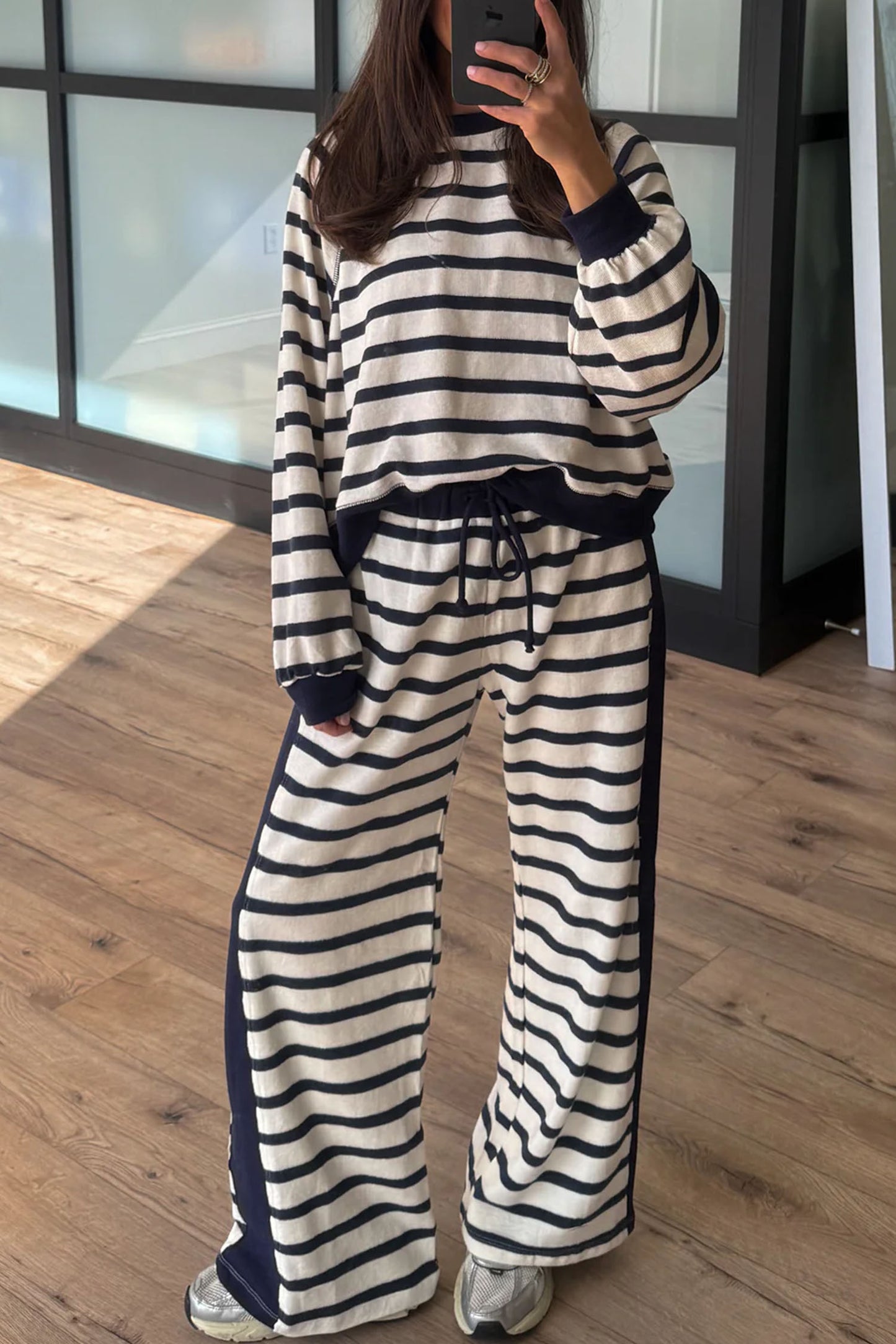 Striped Relaxed Long Sleeve Top Color Block Detail Drawstring Pant Set