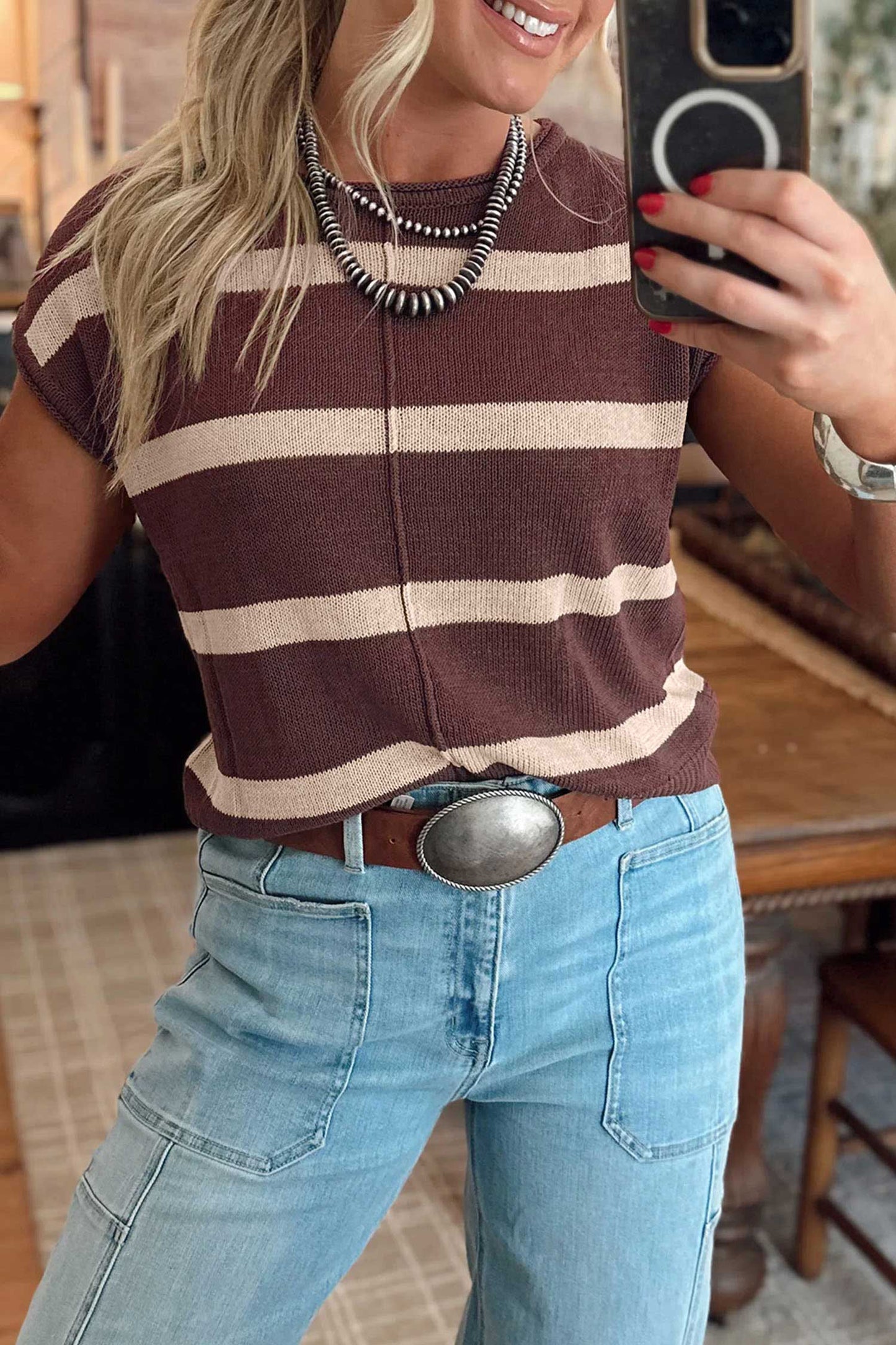Striped Knit Short Sleeve Sweater