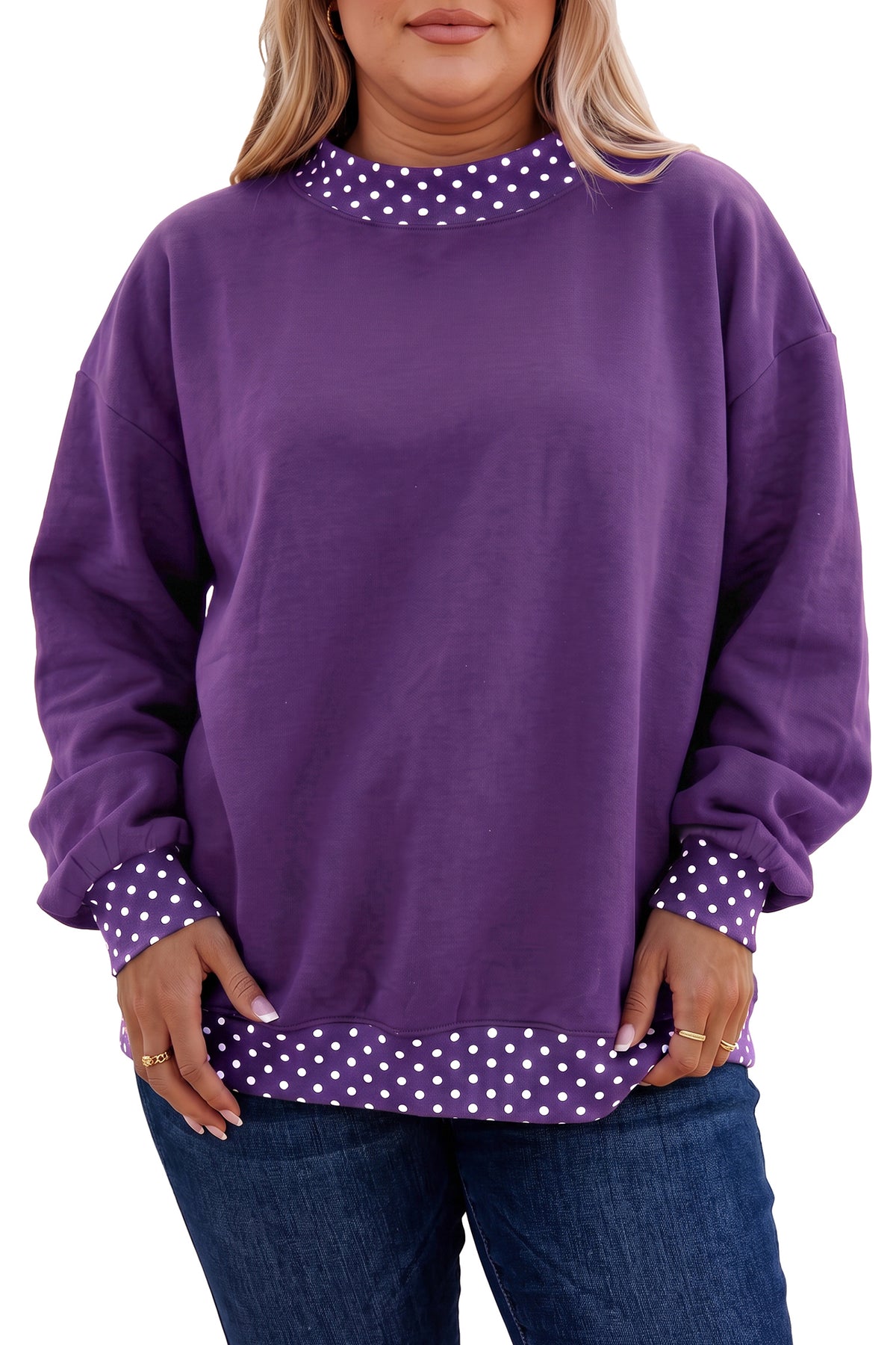 Polka Dot Patchwork Round Neck Plus Size Sweatshirt