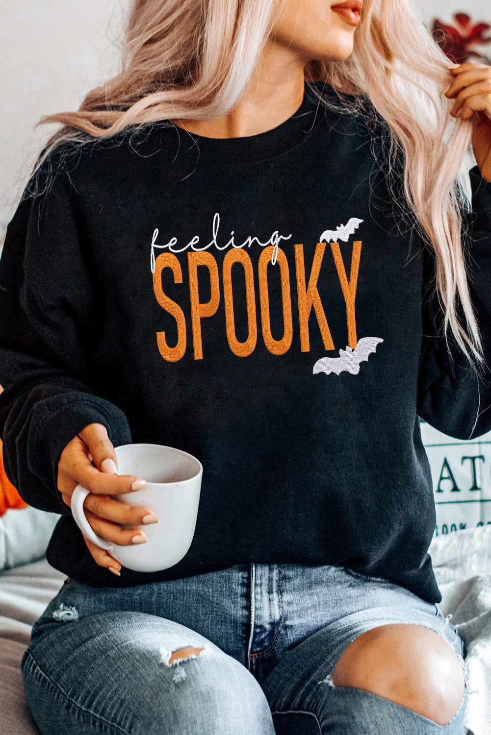 Feeling Spooky Halloween Embroidered Graphic Baggy Sweatshirt