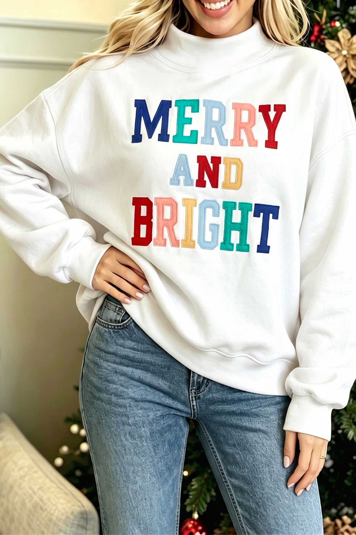 MERRY AND BRIGHT Stitched Letter Pattern Mock Neck Sweatshirt