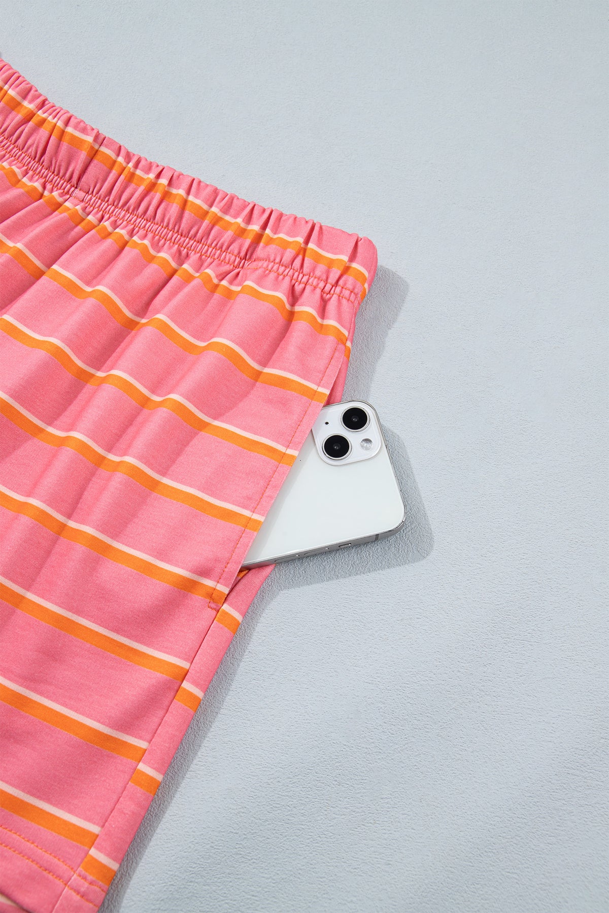 Striped Color Block Trim Long Sleeve Pullover Pocketed Shorts Set