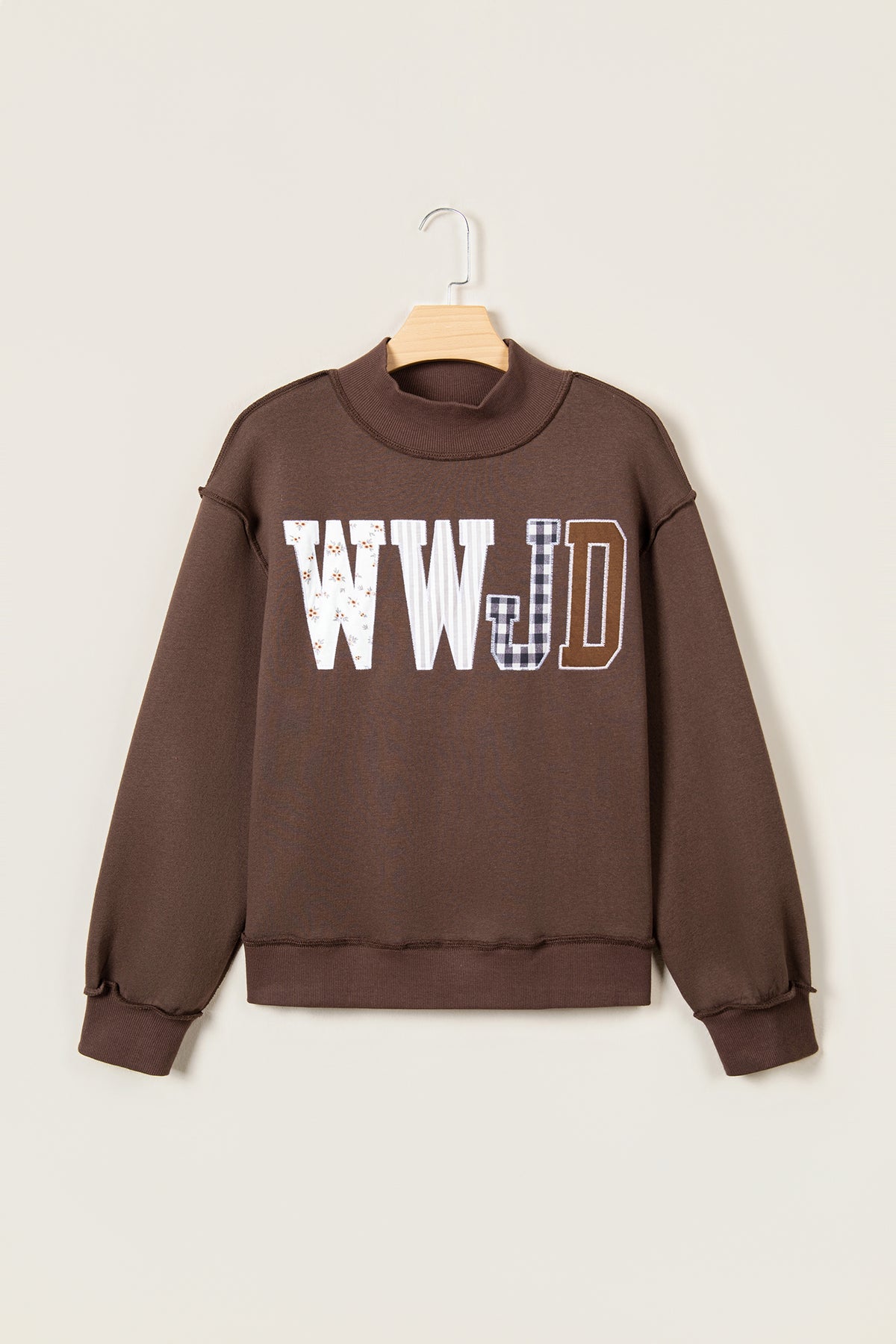 WWJD Mixed Pattern Embroidered Patch Graphic Mock Neck Sweatshirt