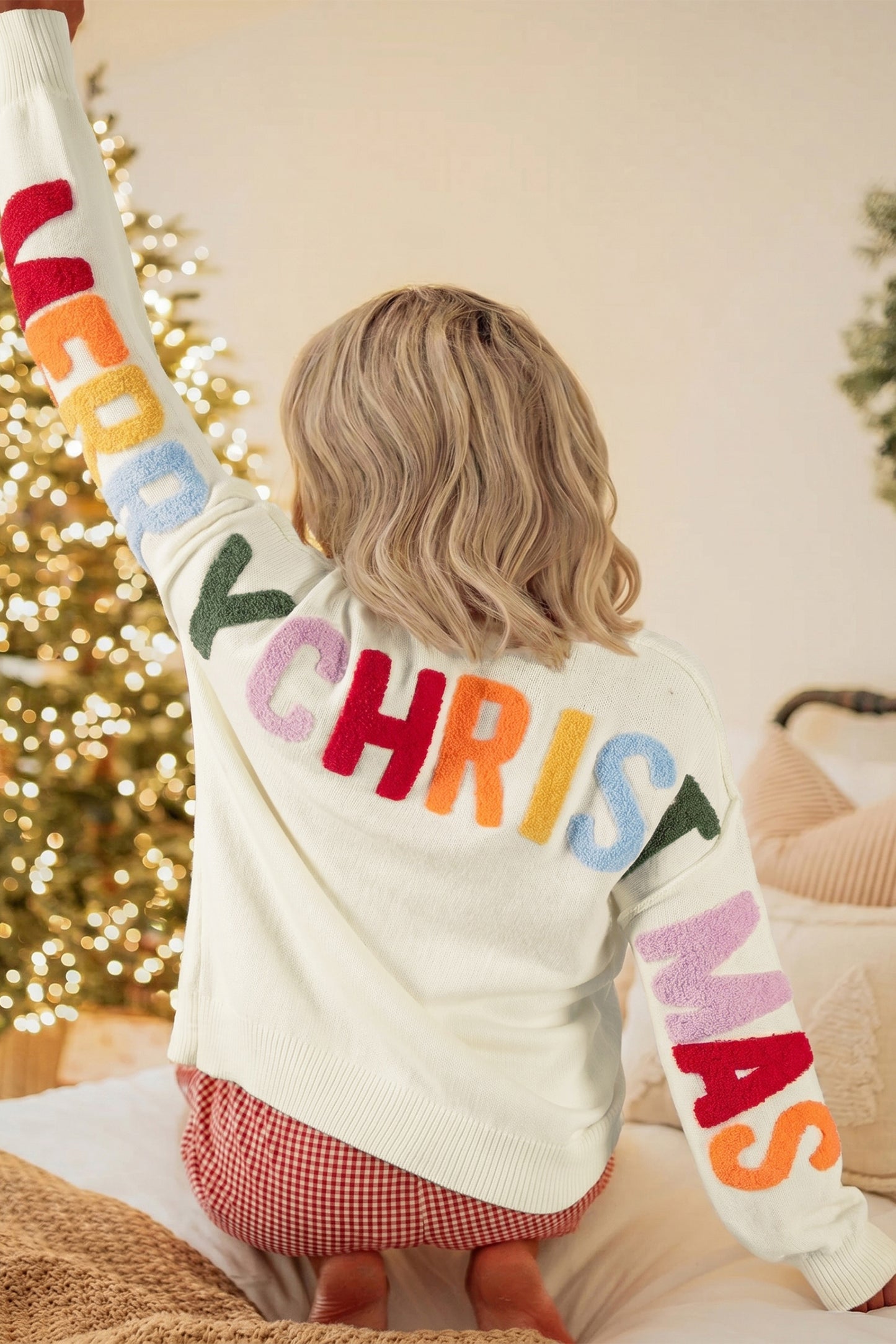 White Ho Ho Ho Button Front Embroidered Knit Cardigan